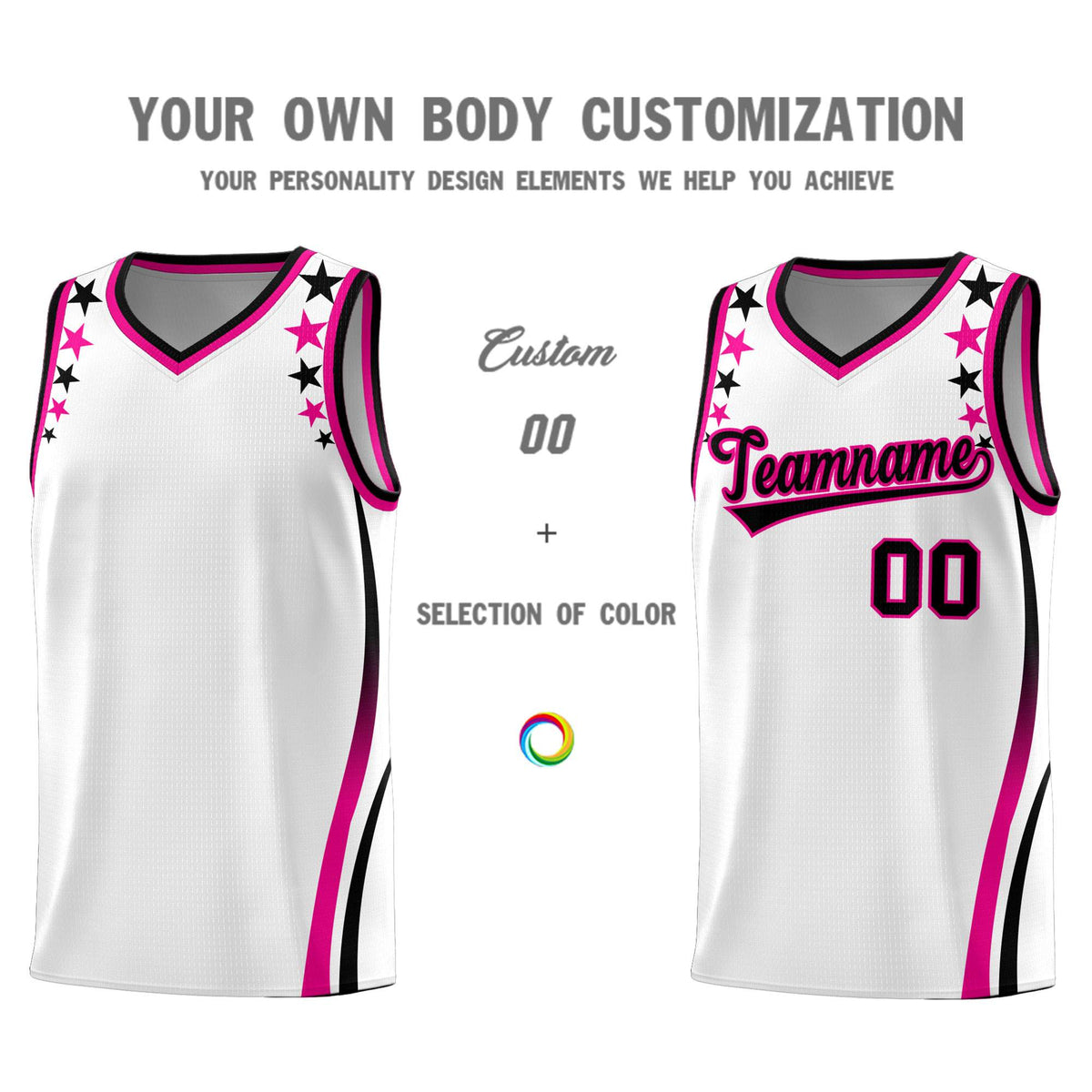 Custom White Shoulders Star Pattern Side Color Block Sports Uniform Basketball Jersey