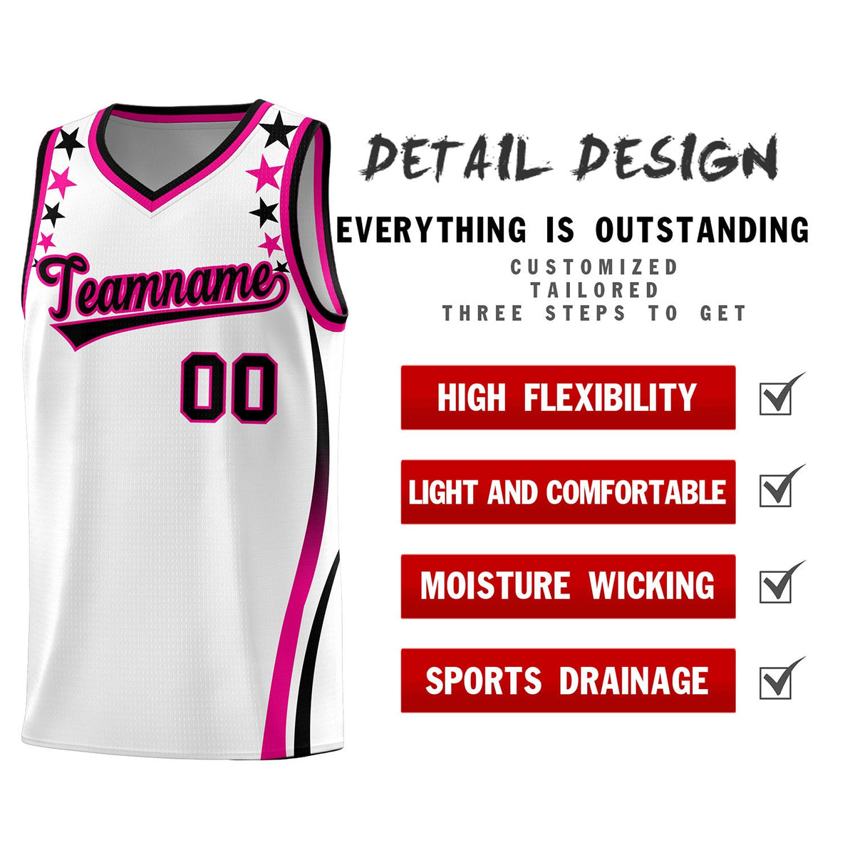 Custom White Shoulders Star Pattern Side Color Block Sports Uniform Basketball Jersey