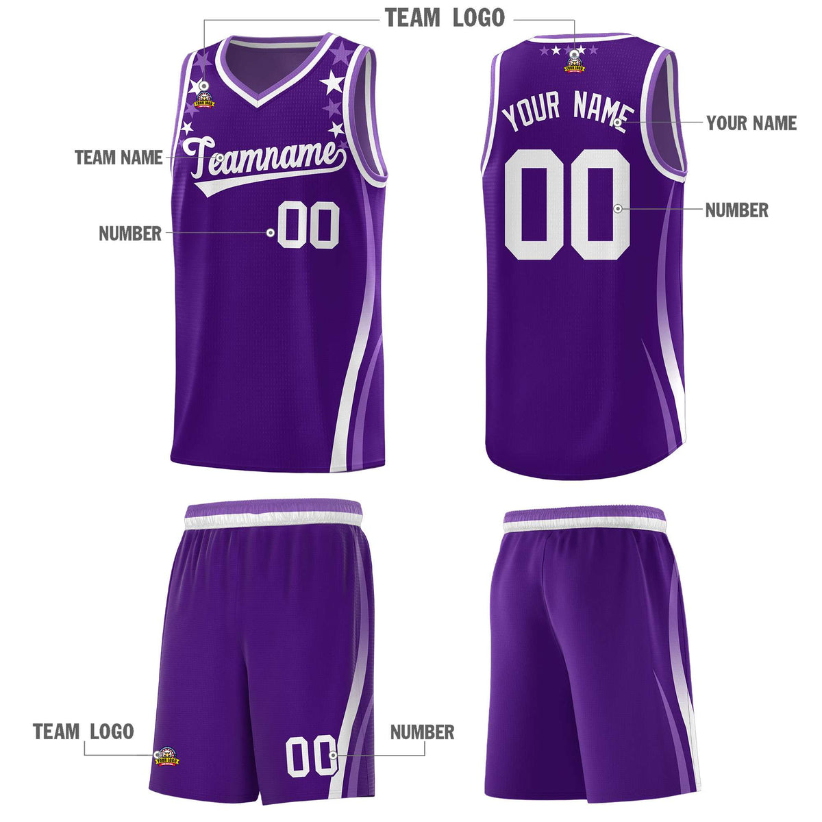 Custom Purple Shoulders Star Pattern Side Color Block Sports Uniform Basketball Jersey