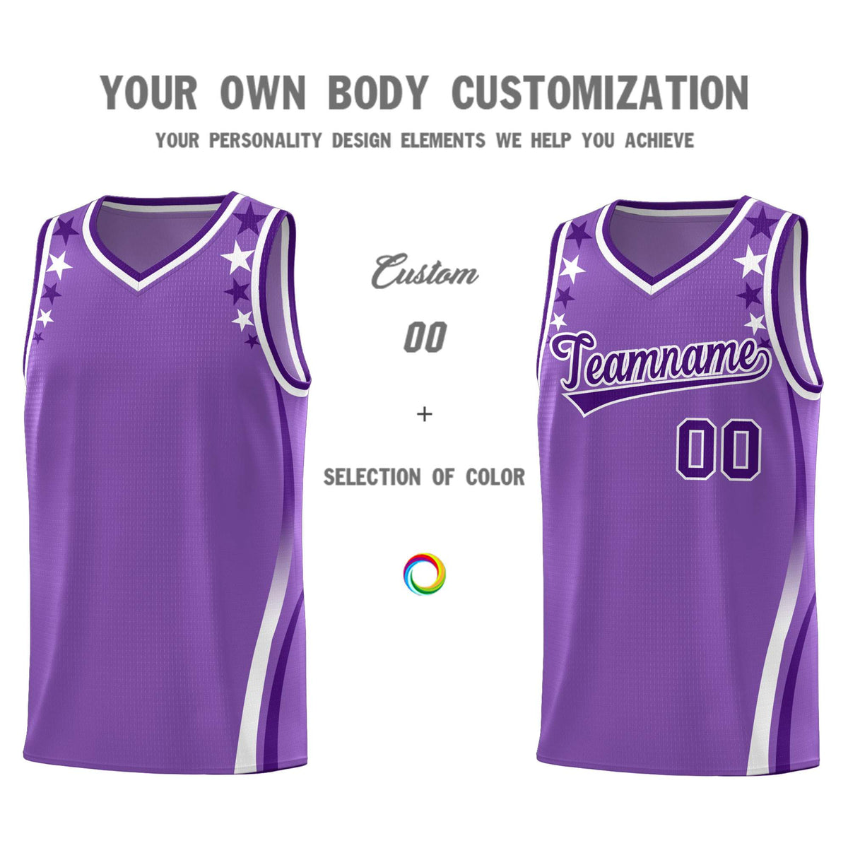 Custom Light Purple Shoulders Star Pattern Side Color Block Sports Uniform Basketball Jersey