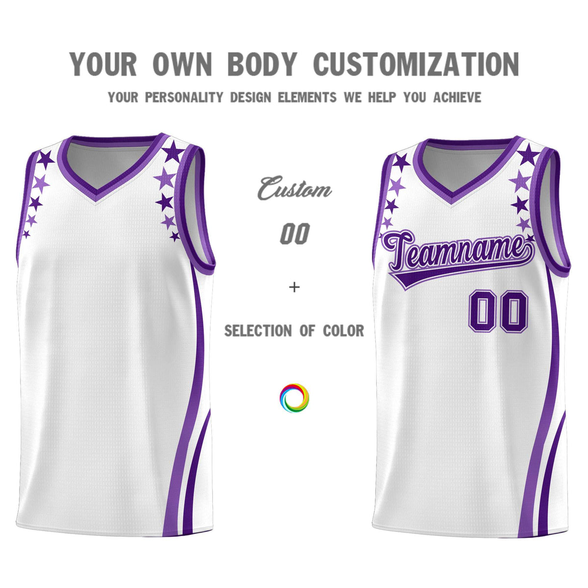 Custom White Shoulders Star Pattern Side Color Block Sports Uniform Basketball Jersey