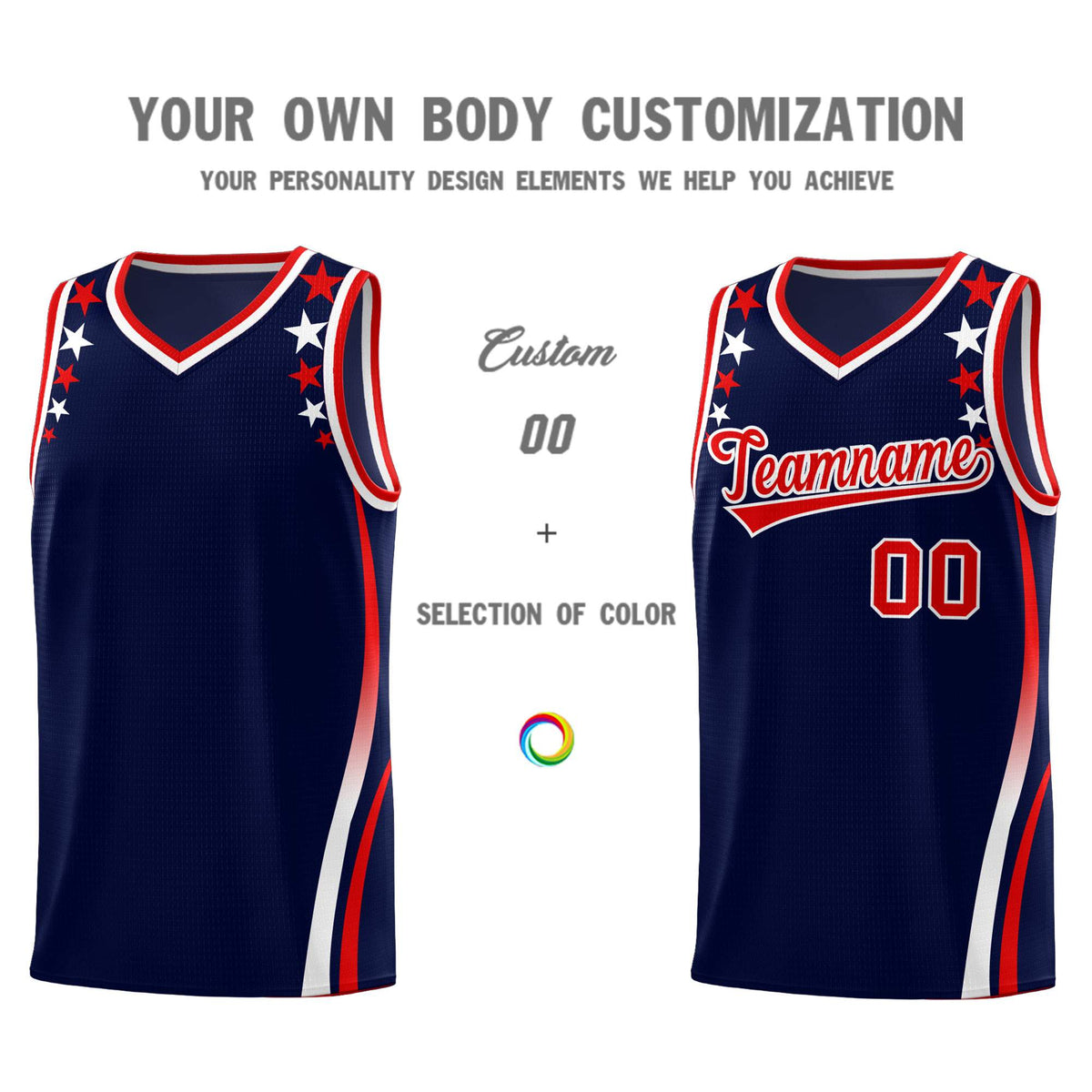 Custom Navy Shoulders Star Pattern Side Color Block Sports Uniform Basketball Jersey