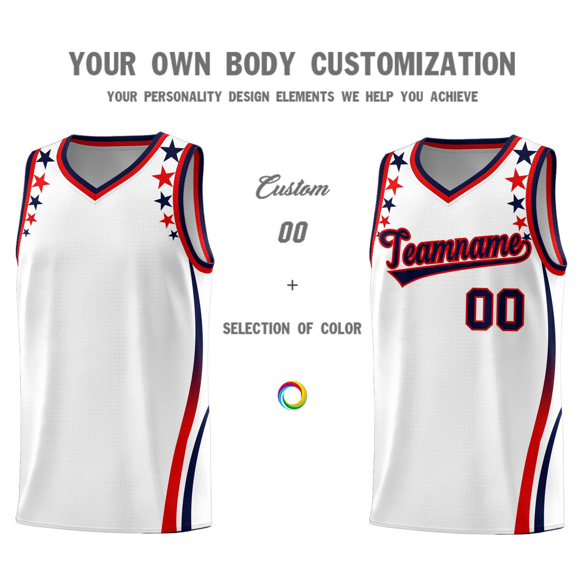Custom White Shoulders Star Pattern Side Color Block Sports Uniform Basketball Jersey