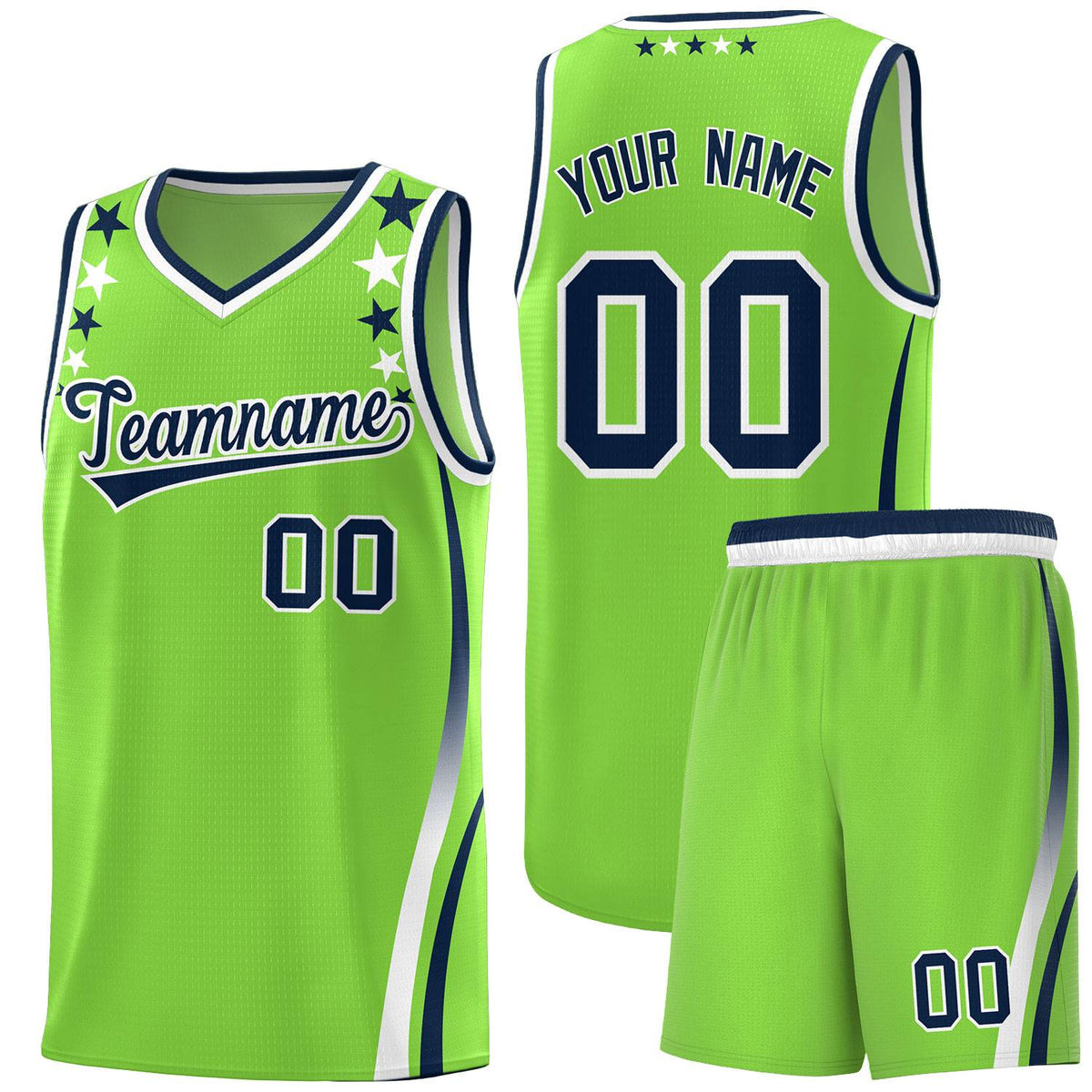 Custom Neon Green Shoulders Star Pattern Side Color Block Sports Uniform Basketball Jersey