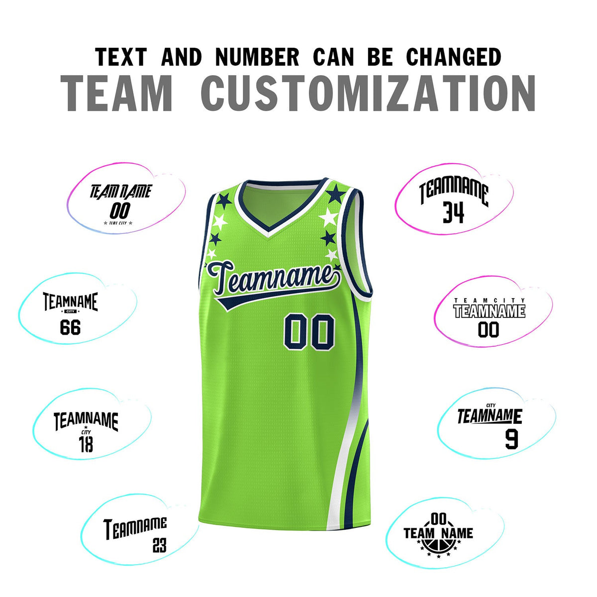 Custom Neon Green Shoulders Star Pattern Side Color Block Sports Uniform Basketball Jersey