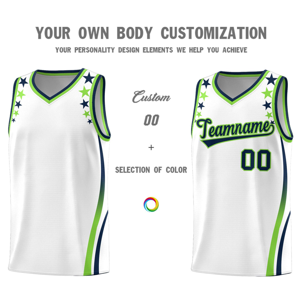 Custom White Shoulders Star Pattern Side Color Block Sports Uniform Basketball Jersey