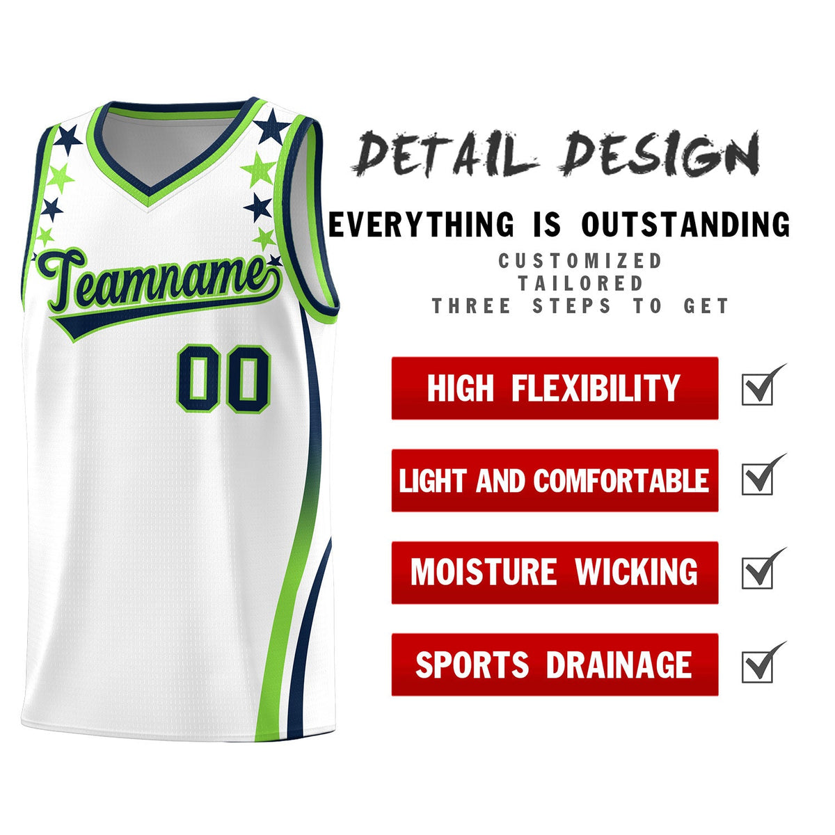 Custom White Shoulders Star Pattern Side Color Block Sports Uniform Basketball Jersey