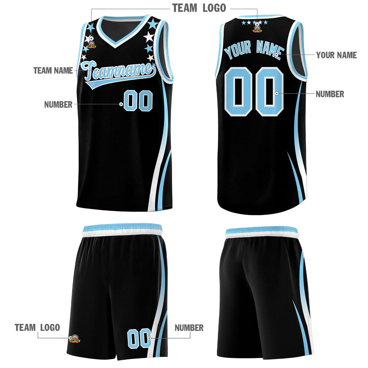 Custom Black Shoulders Star Pattern Side Color Block Sports Uniform Basketball Jersey