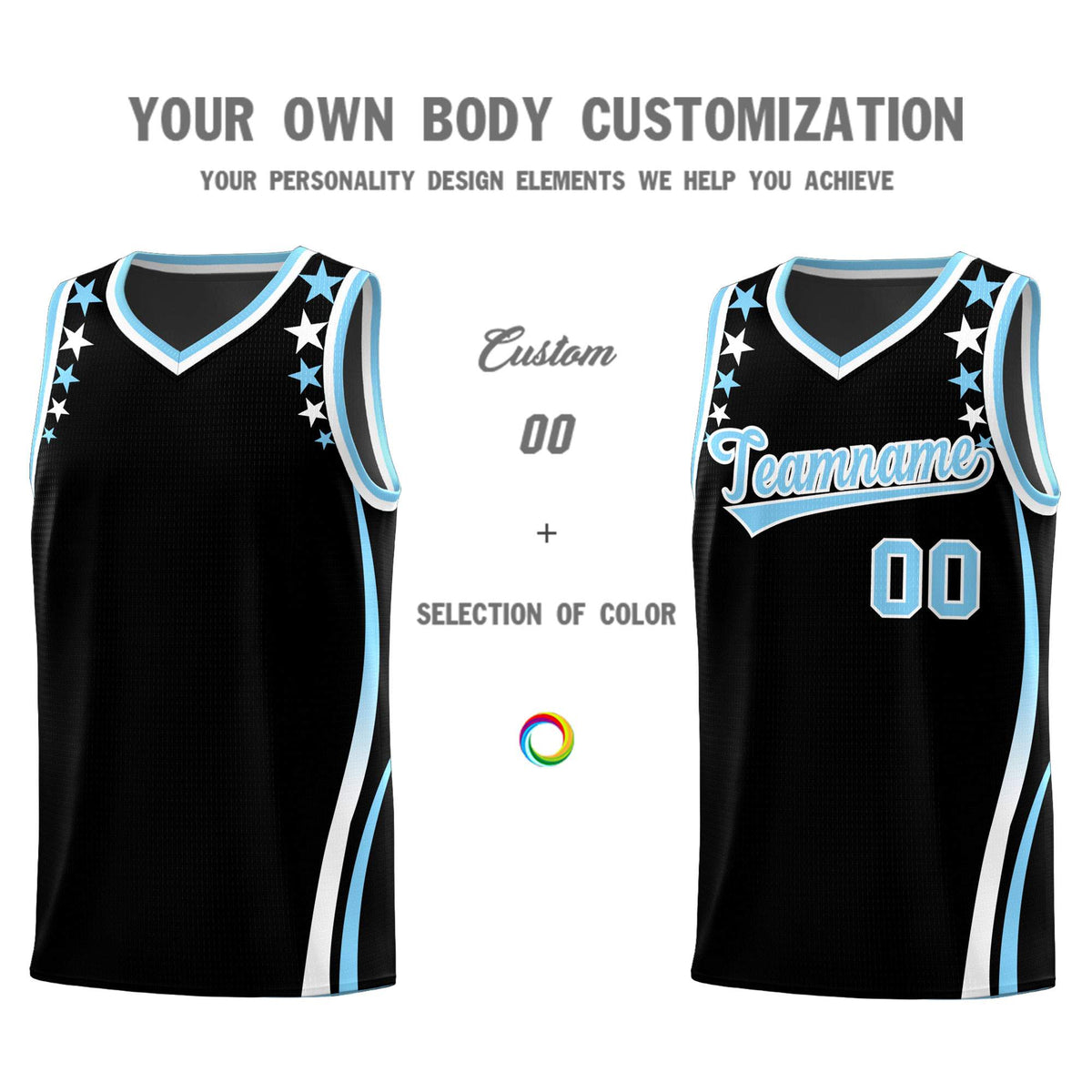 Custom Black Shoulders Star Pattern Side Color Block Sports Uniform Basketball Jersey