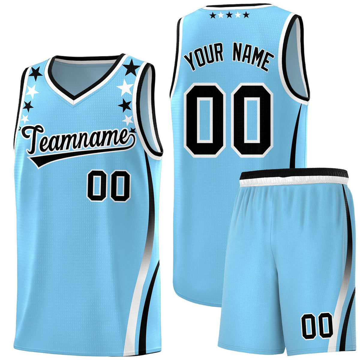 Custom Light Blue Shoulders Star Pattern Side Color Block Sports Uniform Basketball Jersey