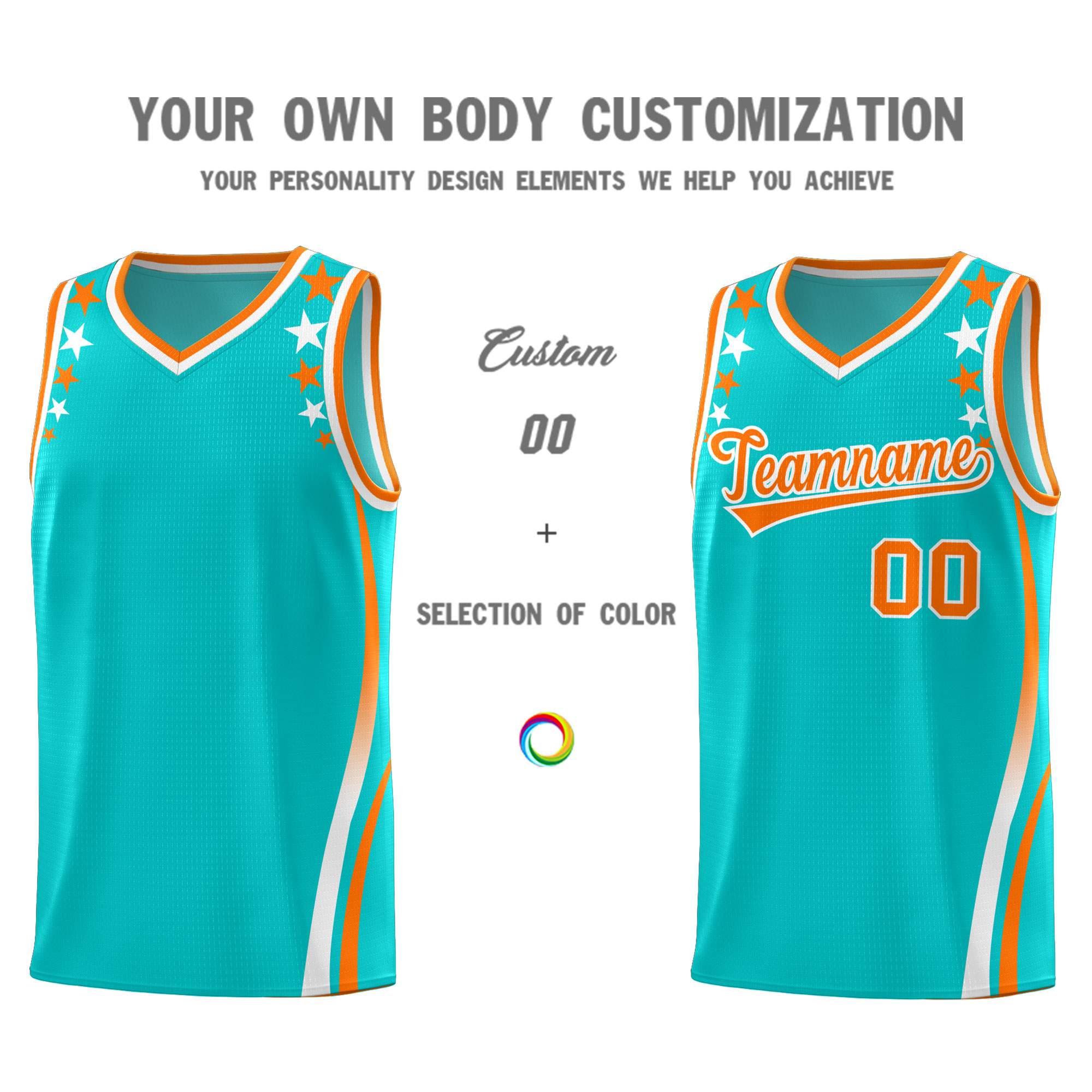 Custom Sky Blue Shoulders Star Pattern Side Color Block Sports Uniform Basketball Jersey