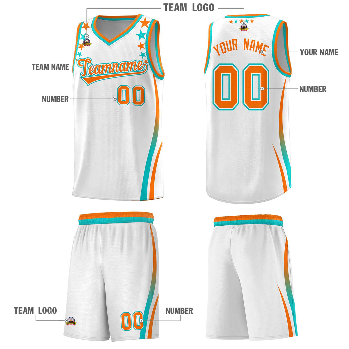Custom White Shoulders Star Pattern Side Color Block Sports Uniform Basketball Jersey