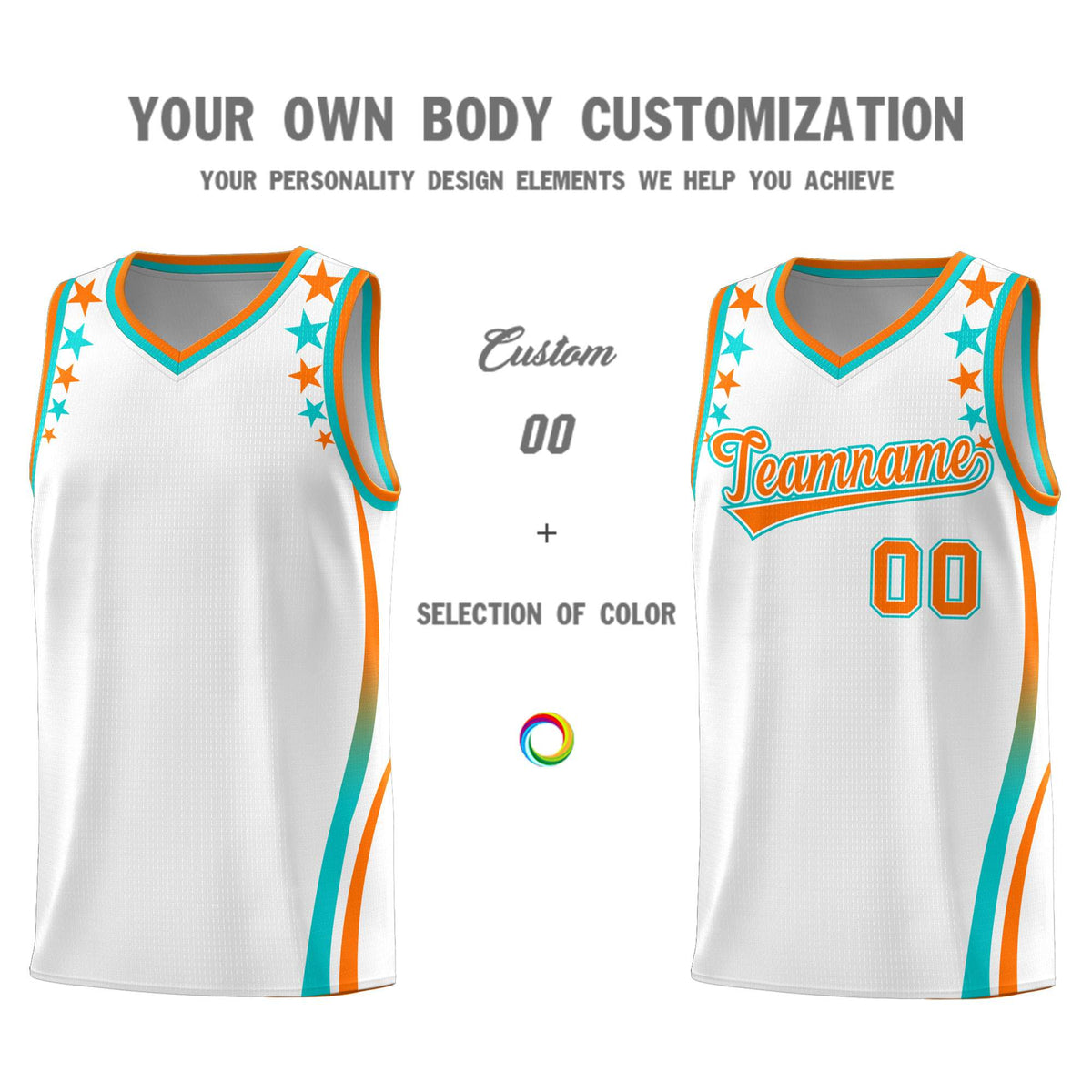 Custom White Shoulders Star Pattern Side Color Block Sports Uniform Basketball Jersey