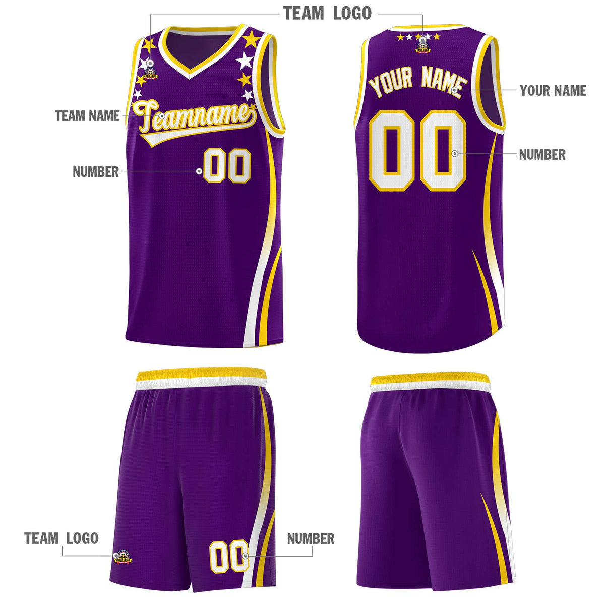 Custom Purple Shoulders Star Pattern Side Color Block Sports Uniform Basketball Jersey