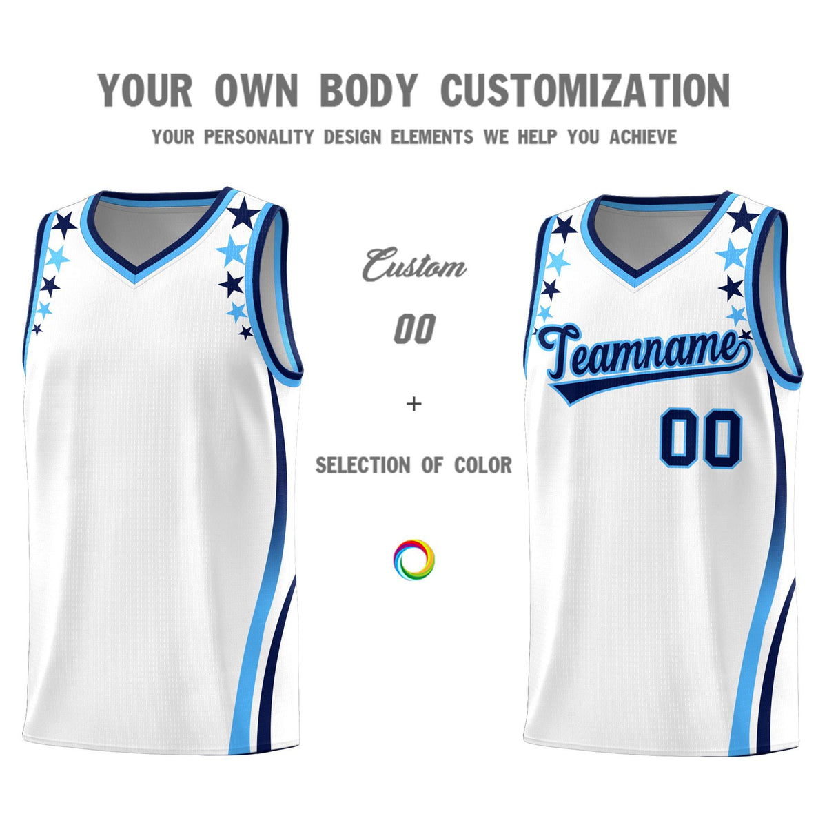 Custom White Shoulders Star Pattern Side Color Block Sports Uniform Basketball Jersey