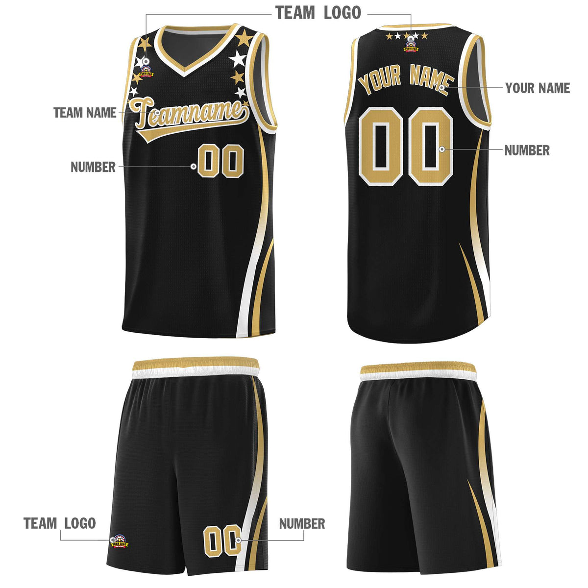 Custom Black Shoulders Star Pattern Side Color Block Sports Uniform Basketball Jersey
