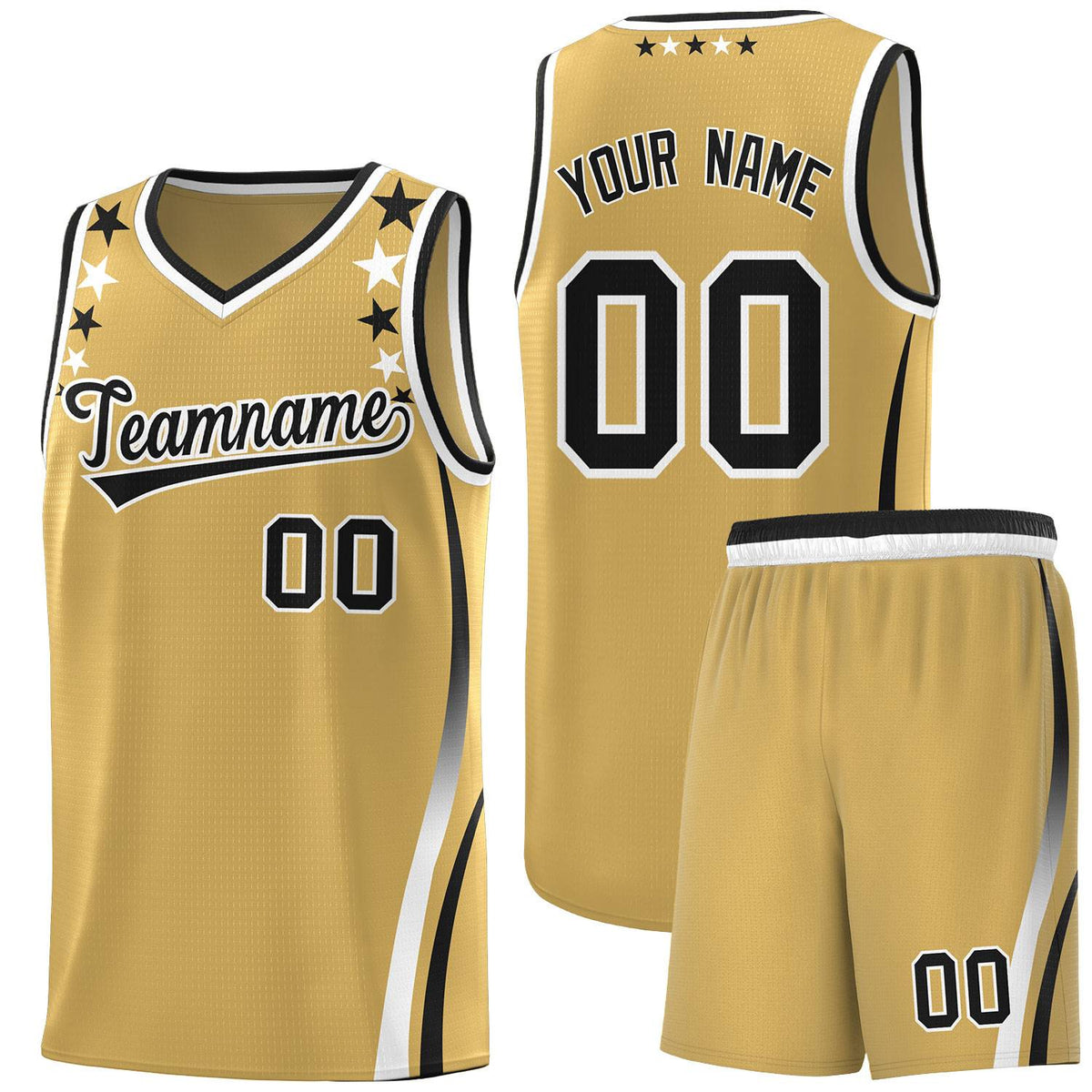 Custom Old Gold Shoulders Star Pattern Side Color Block Sports Uniform Basketball Jersey