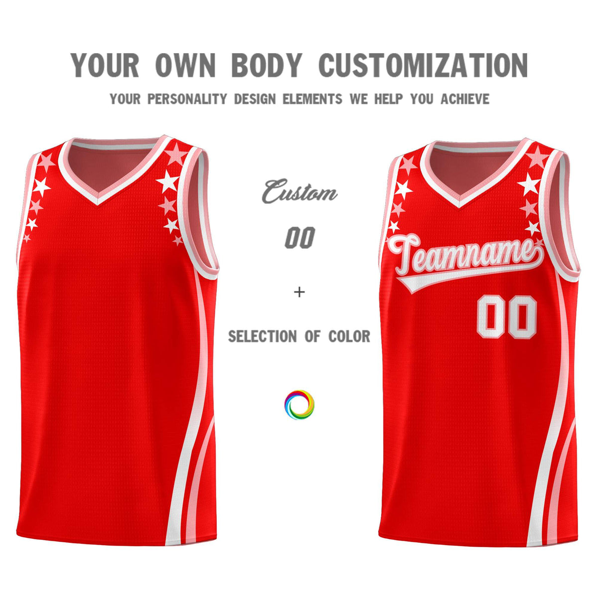 Custom Red Shoulders Star Pattern Side Color Block Sports Uniform Basketball Jersey