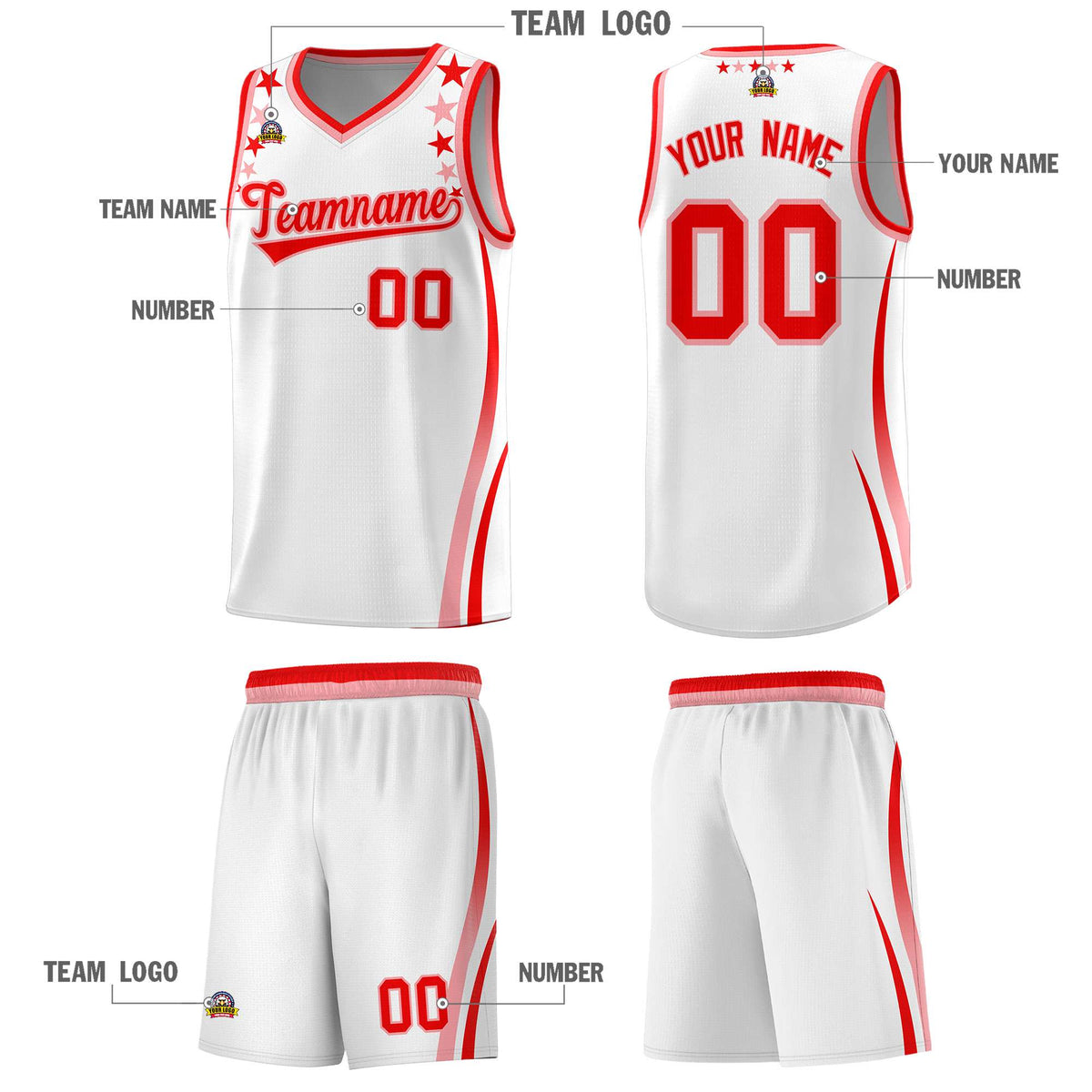 Custom White Shoulders Star Pattern Side Color Block Sports Uniform Basketball Jersey