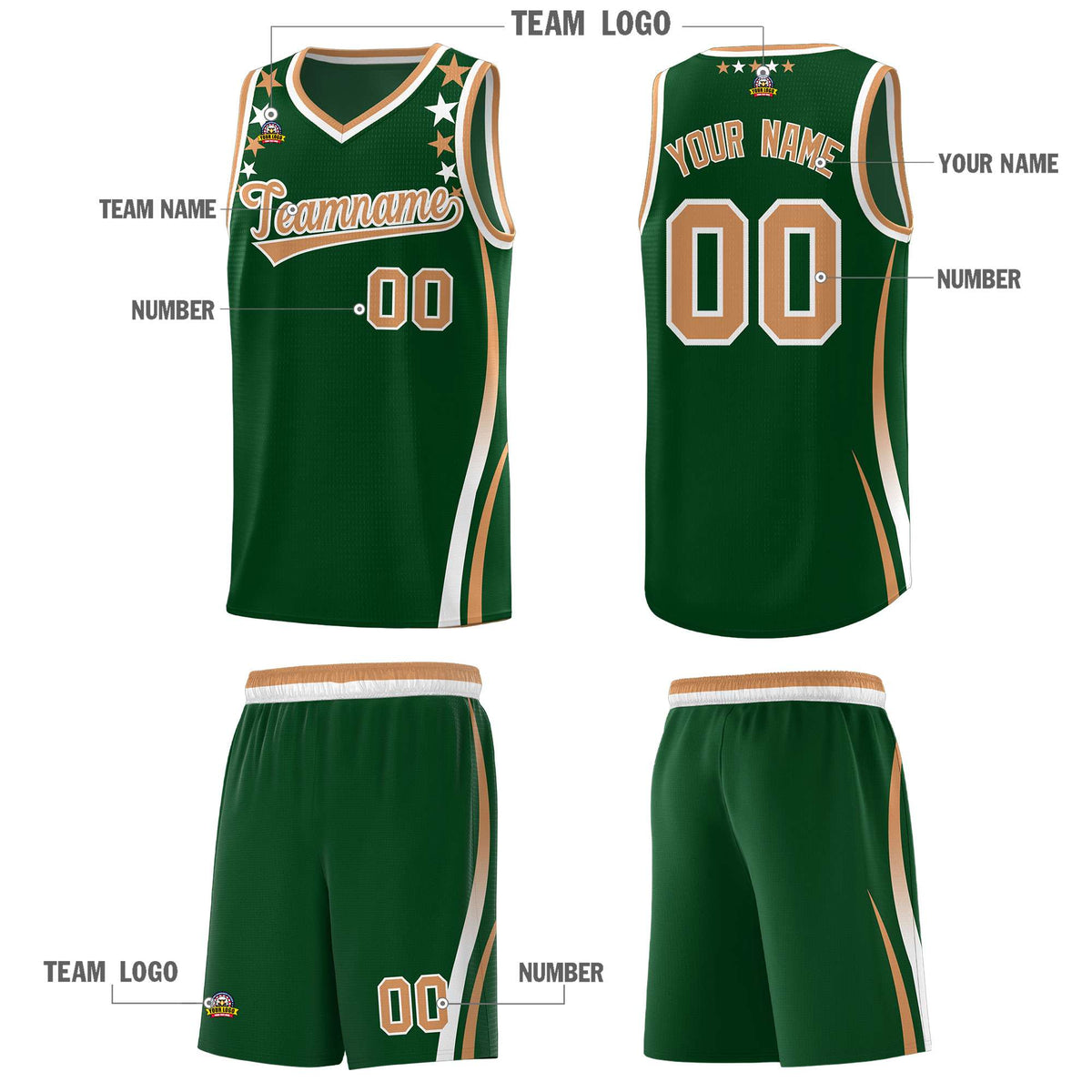 Custom Green Shoulders Star Pattern Side Color Block Sports Uniform Basketball Jersey