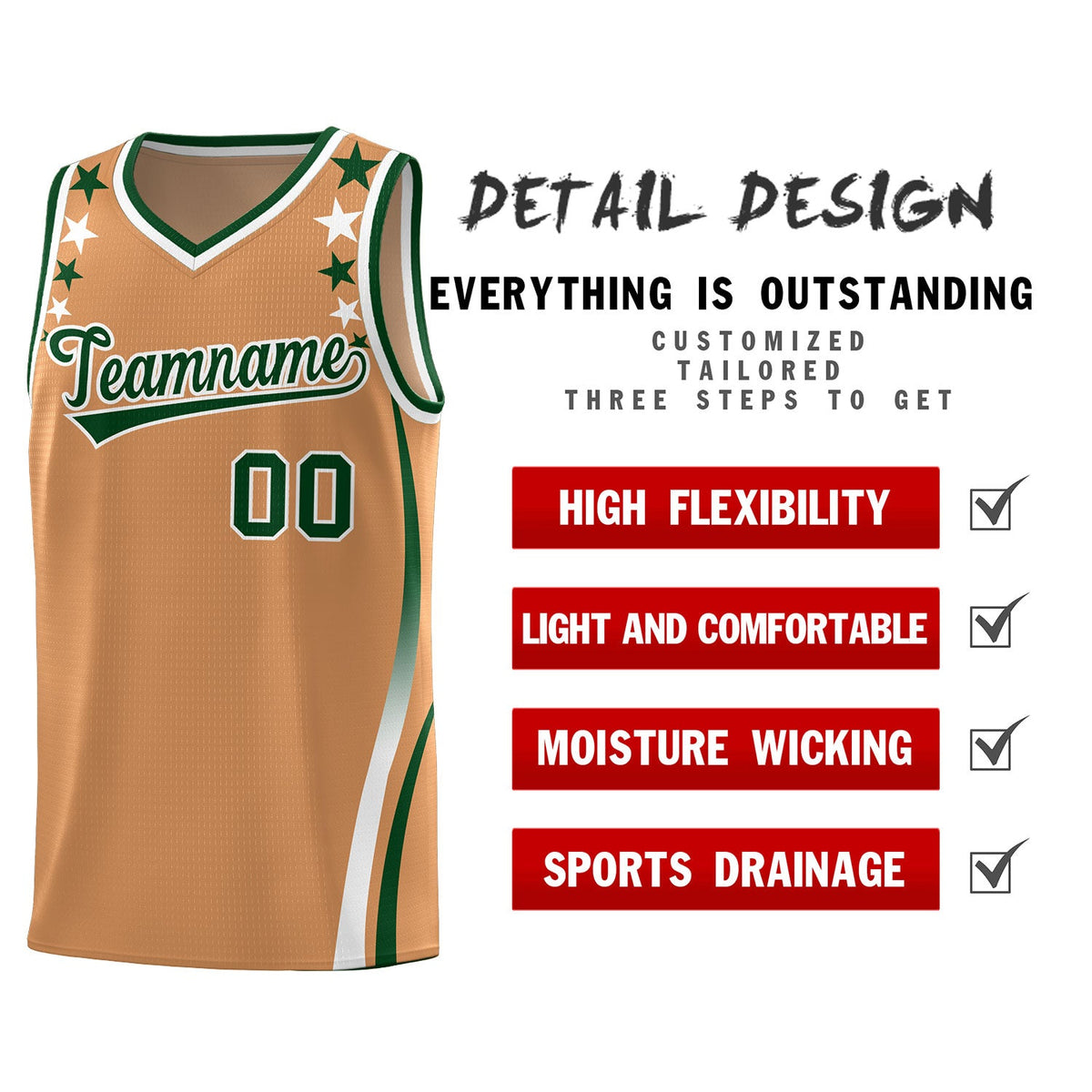 Custom Light Brown Shoulders Star Pattern Side Color Block Sports Uniform Basketball Jersey