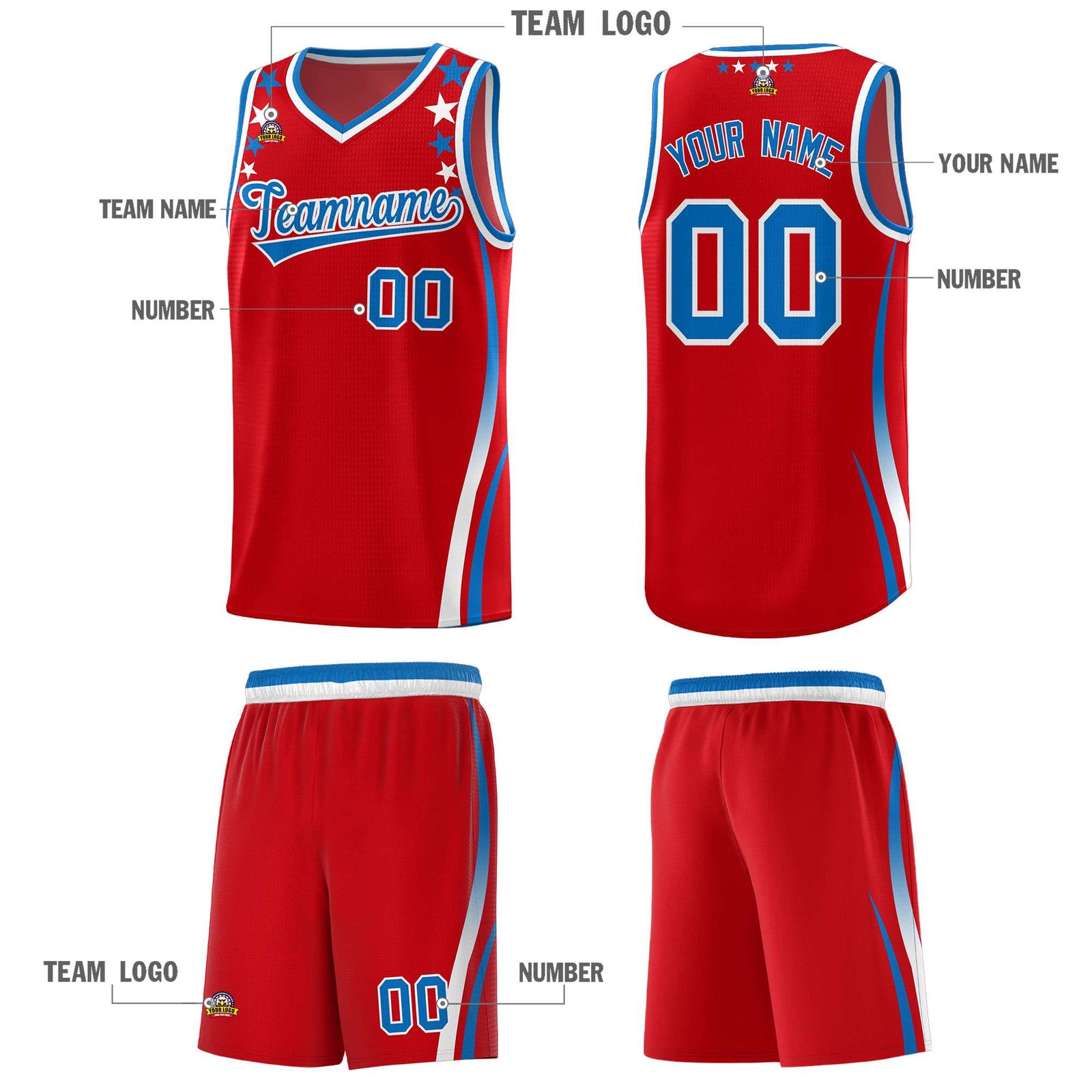 Custom Red Shoulders Star Pattern Side Color Block Sports Uniform Basketball Jersey