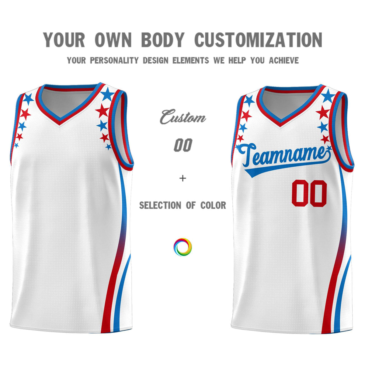 Custom White Shoulders Star Pattern Side Color Block Sports Uniform Basketball Jersey