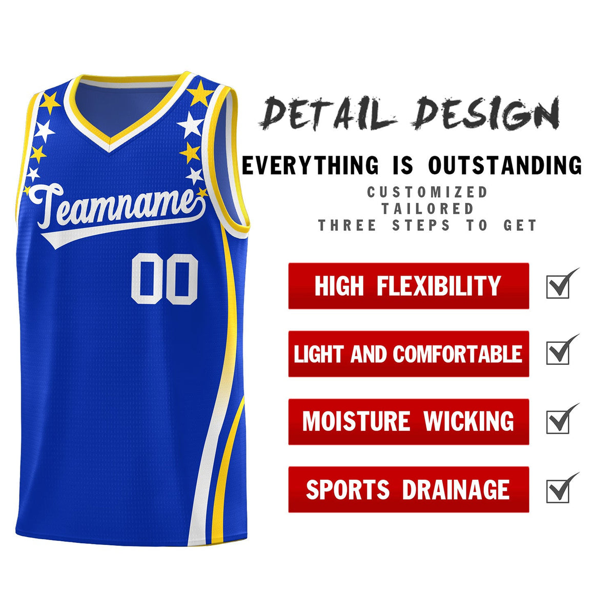 Custom Royal Shoulders Star Pattern Side Color Block Sports Uniform Basketball Jersey