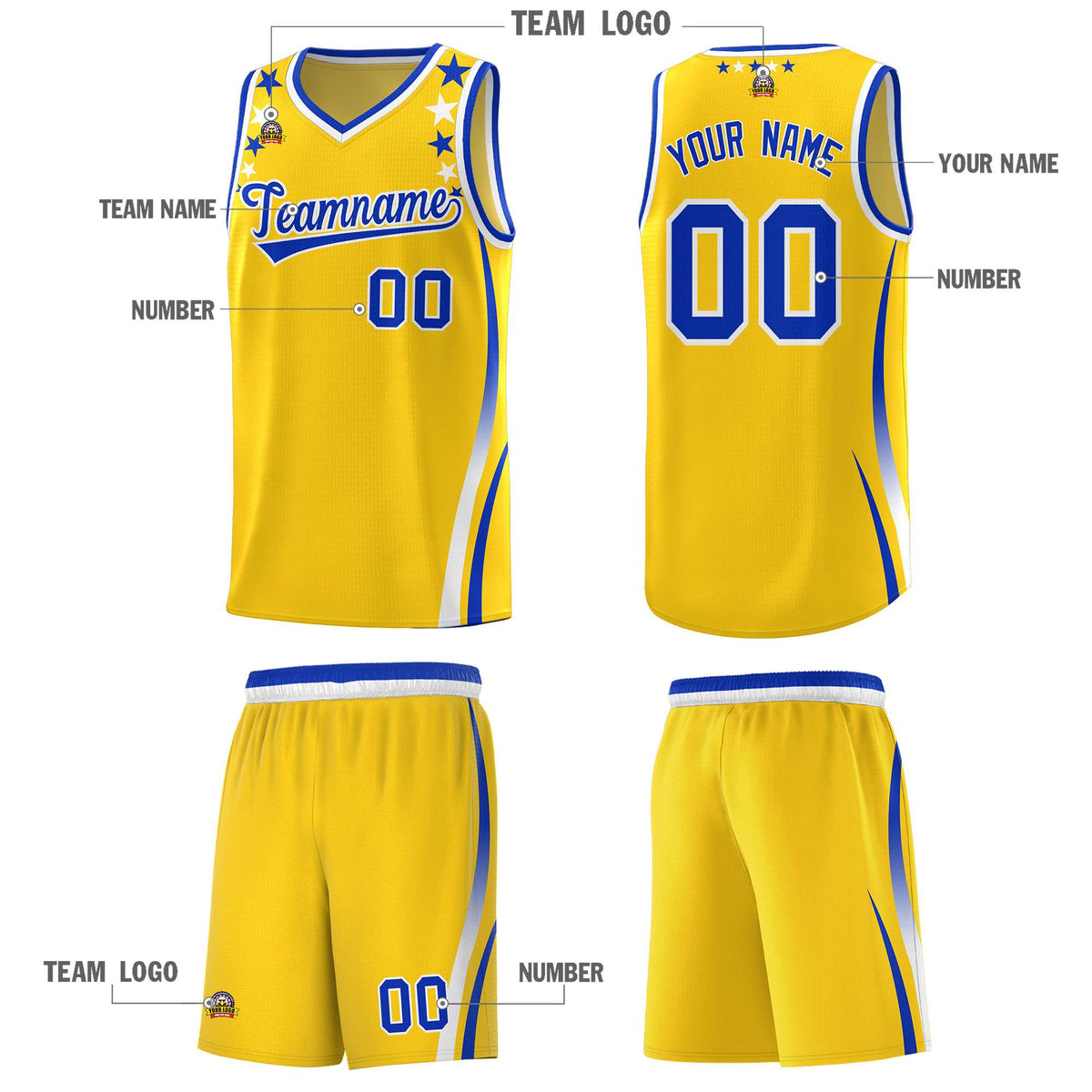 Custom Gold Shoulders Star Pattern Side Color Block Sports Uniform Basketball Jersey