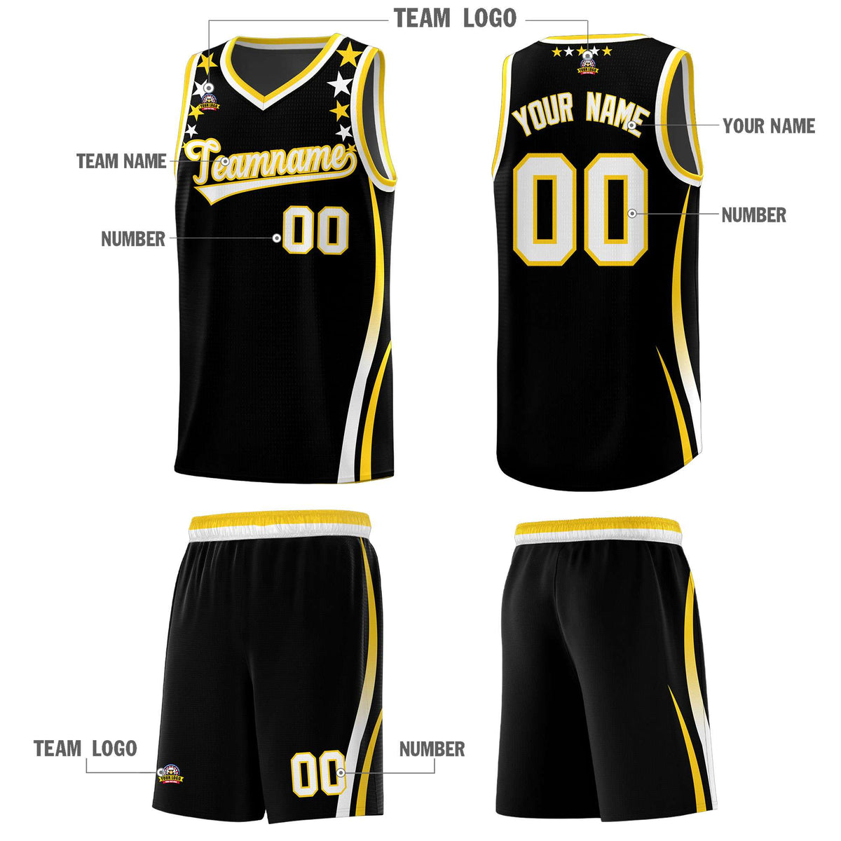 Custom Black Shoulders Star Pattern Side Color Block Sports Uniform Basketball Jersey