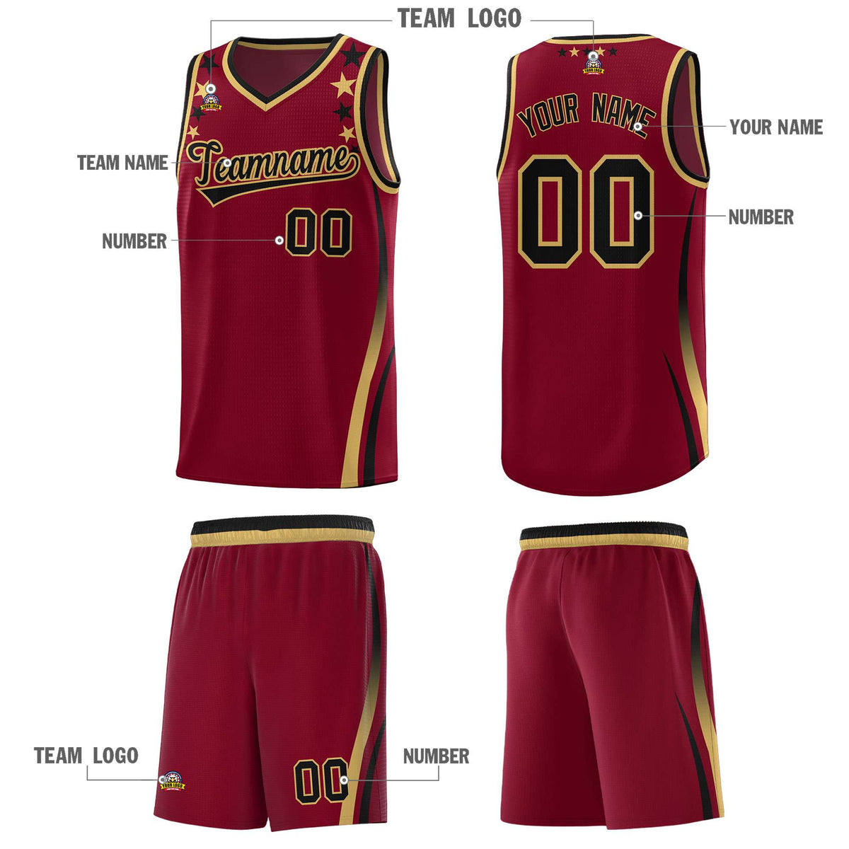 Custom Crimson Shoulders Star Pattern Side Color Block Sports Uniform Basketball Jersey
