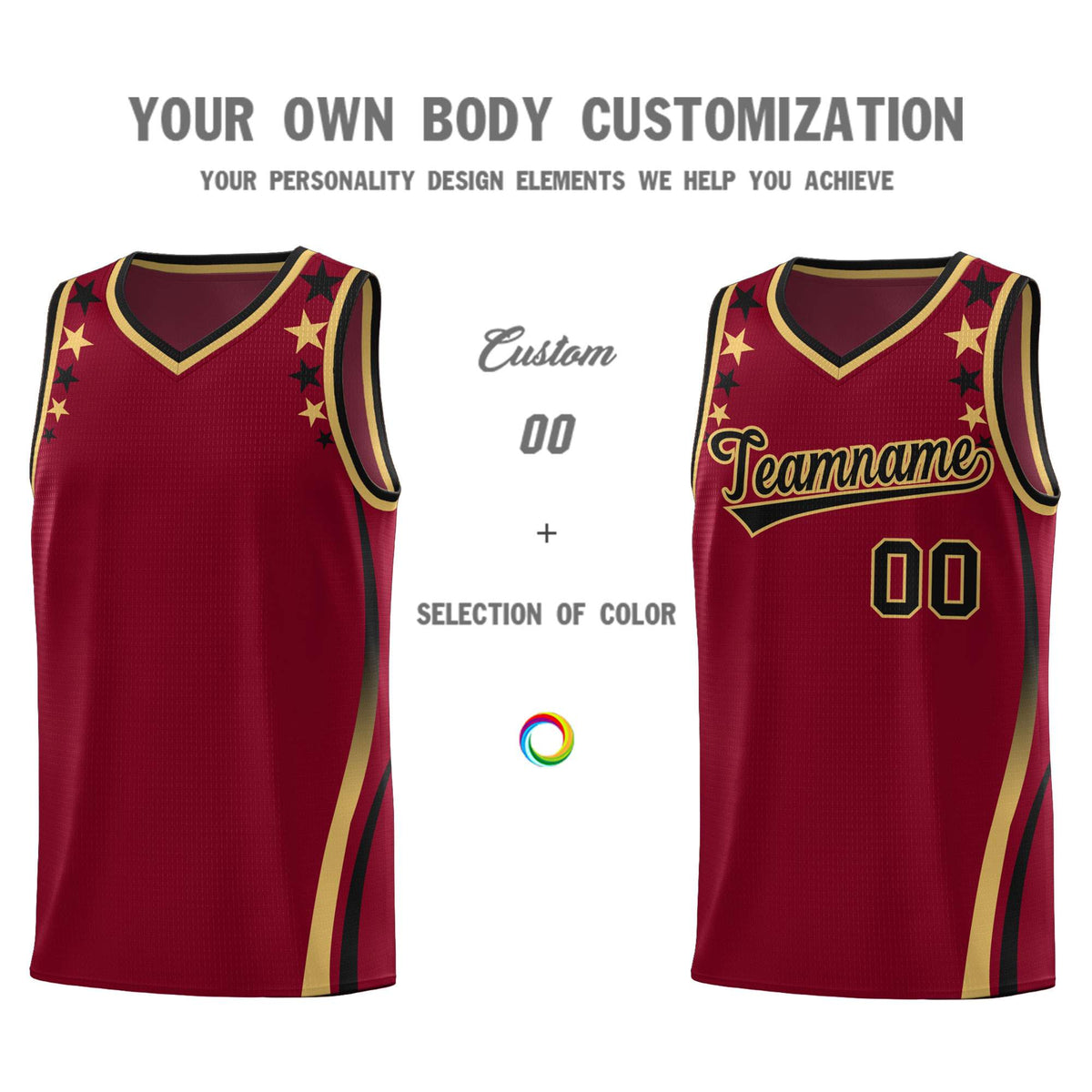 Custom Crimson Shoulders Star Pattern Side Color Block Sports Uniform Basketball Jersey