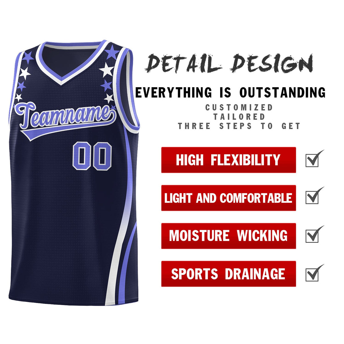 Custom Navy Shoulders Star Pattern Side Color Block Sports Uniform Basketball Jersey