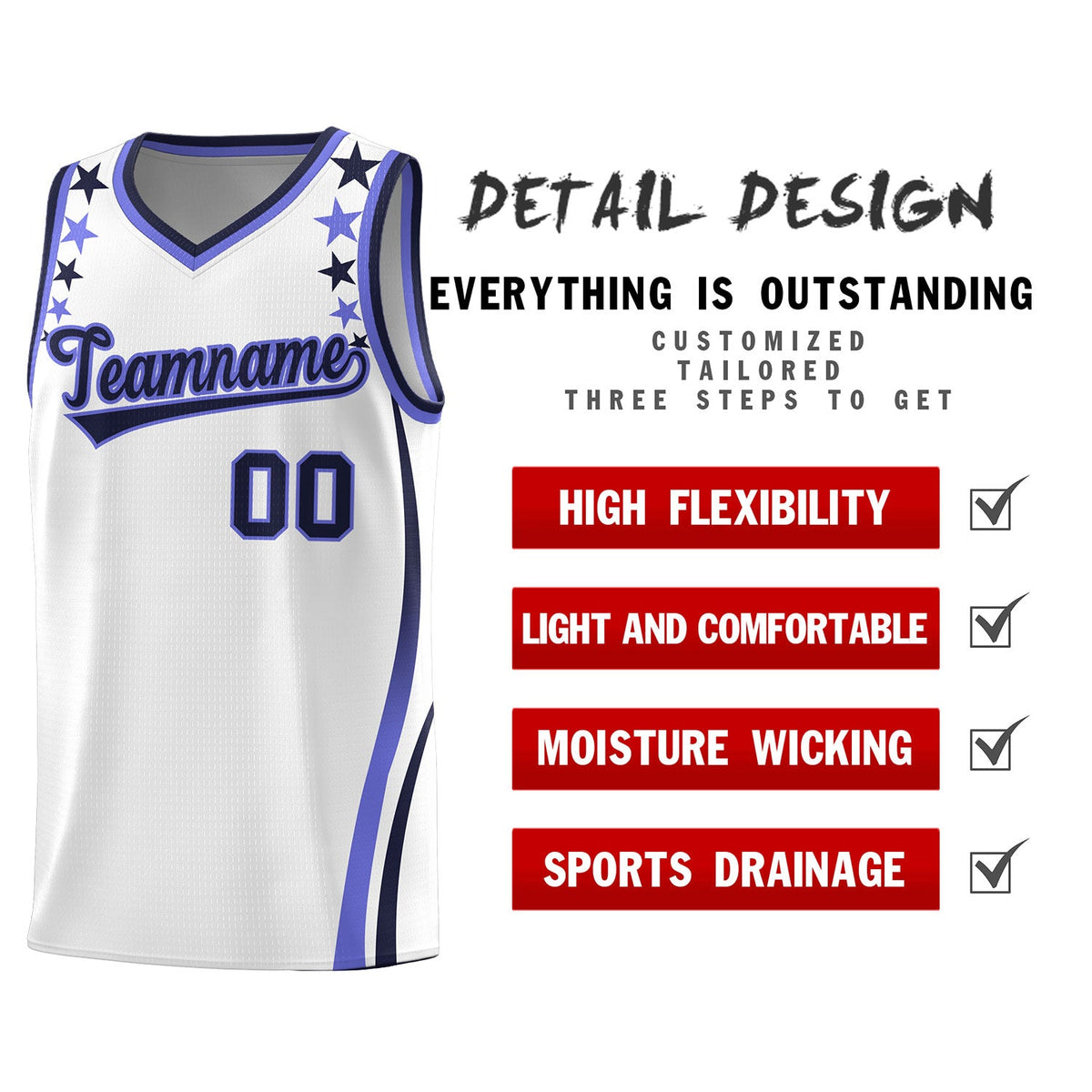 Custom White Shoulders Star Pattern Side Color Block Sports Uniform Basketball Jersey