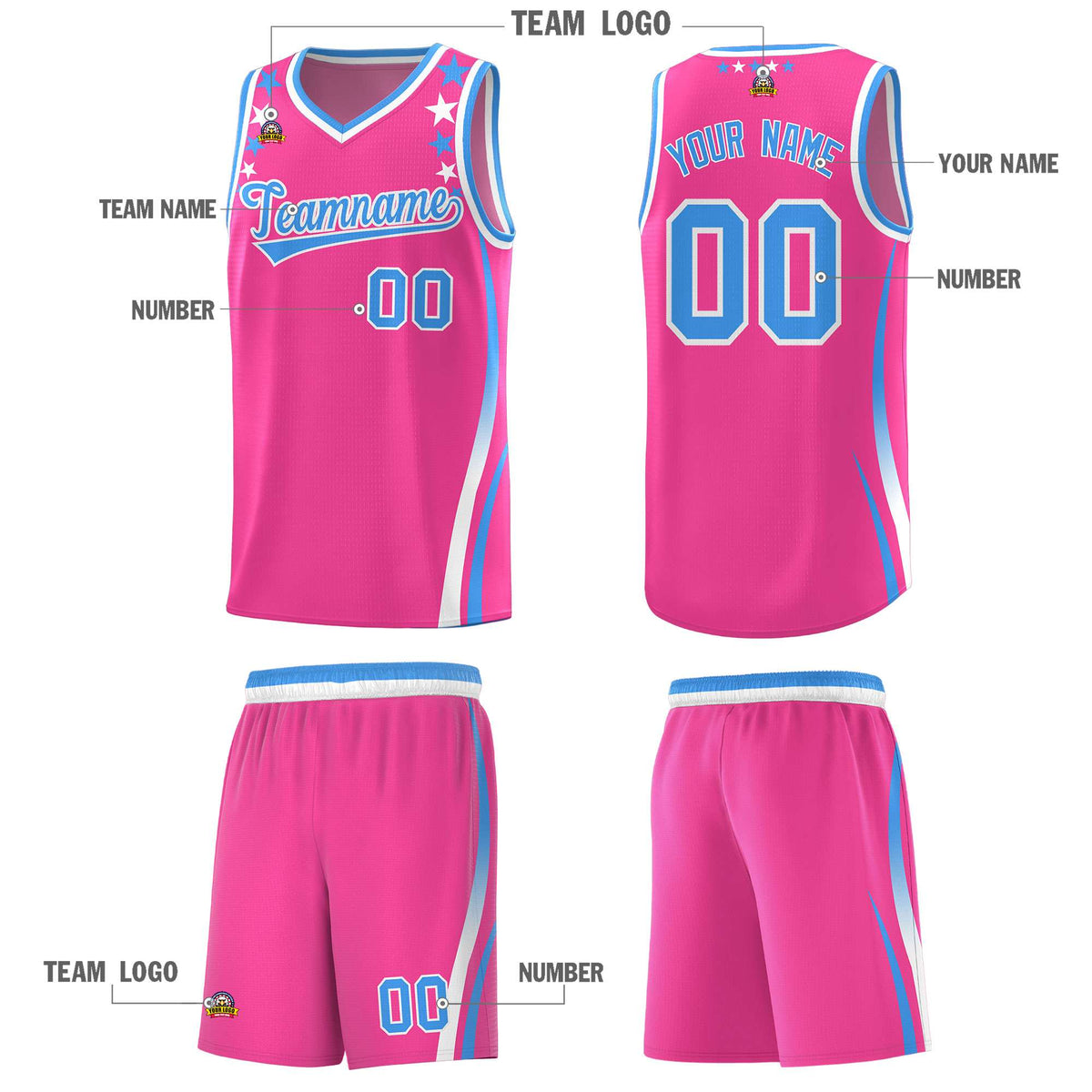 Custom Pink Shoulders Star Pattern Side Color Block Sports Uniform Basketball Jersey