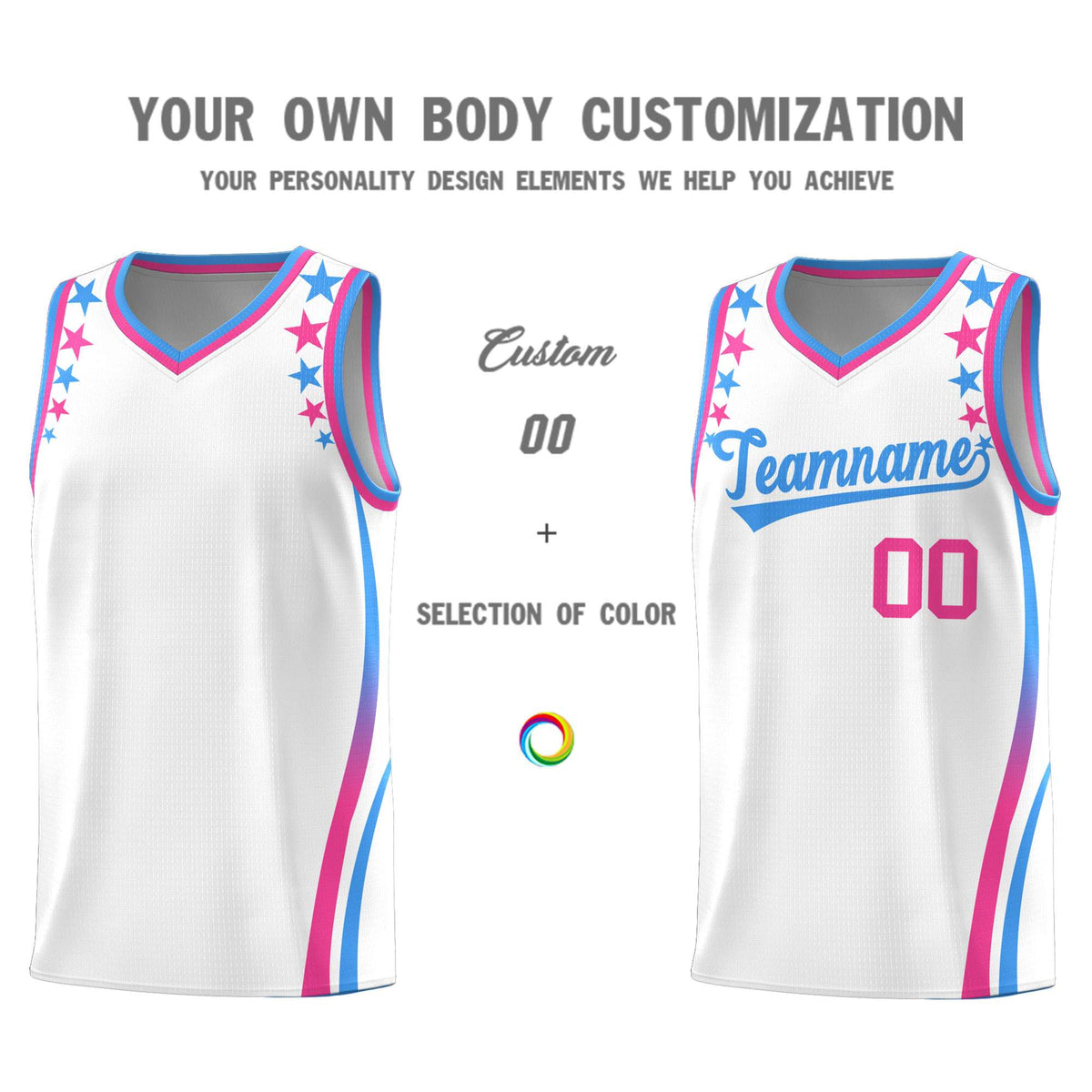 Custom White Shoulders Star Pattern Side Color Block Sports Uniform Basketball Jersey