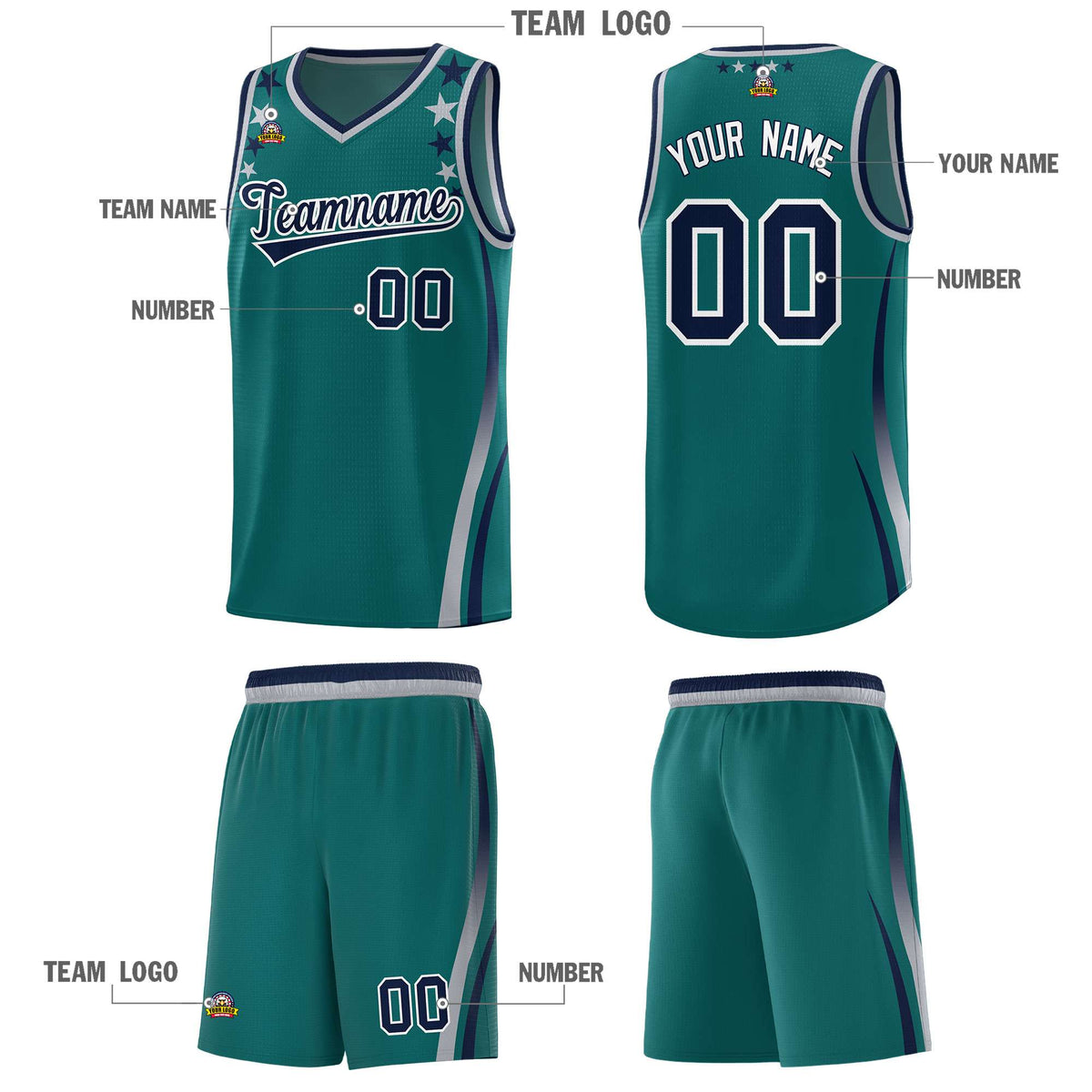 Custom Aqua Shoulders Star Pattern Side Color Block Sports Uniform Basketball Jersey