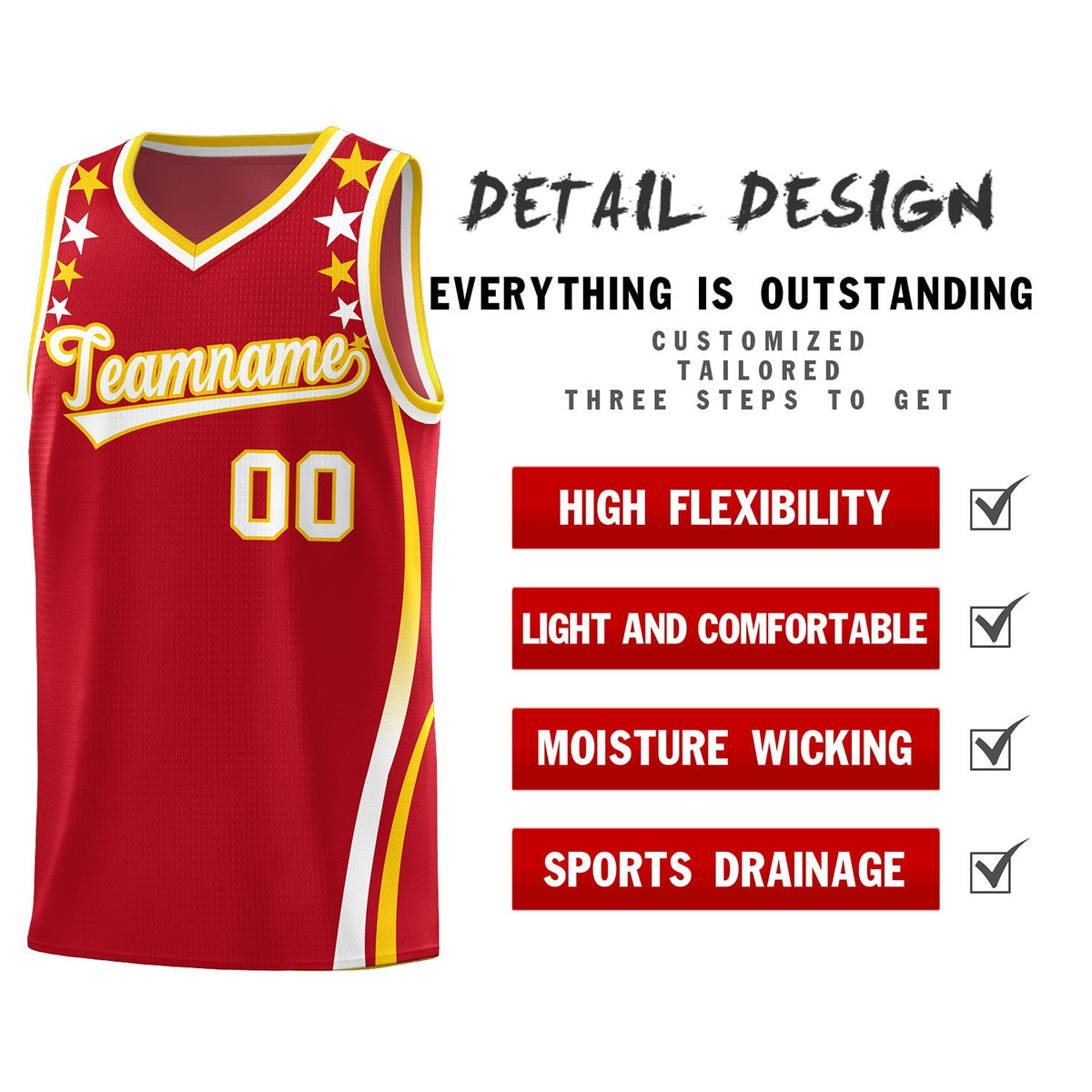 Custom Red Shoulders Star Pattern Side Color Block Sports Uniform Basketball Jersey