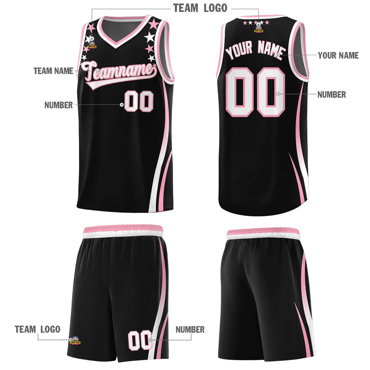 Custom Black Shoulders Star Pattern Side Color Block Sports Uniform Basketball Jersey