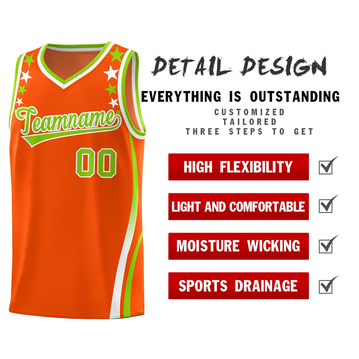 Custom Orange Shoulders Star Pattern Side Color Block Sports Uniform Basketball Jersey