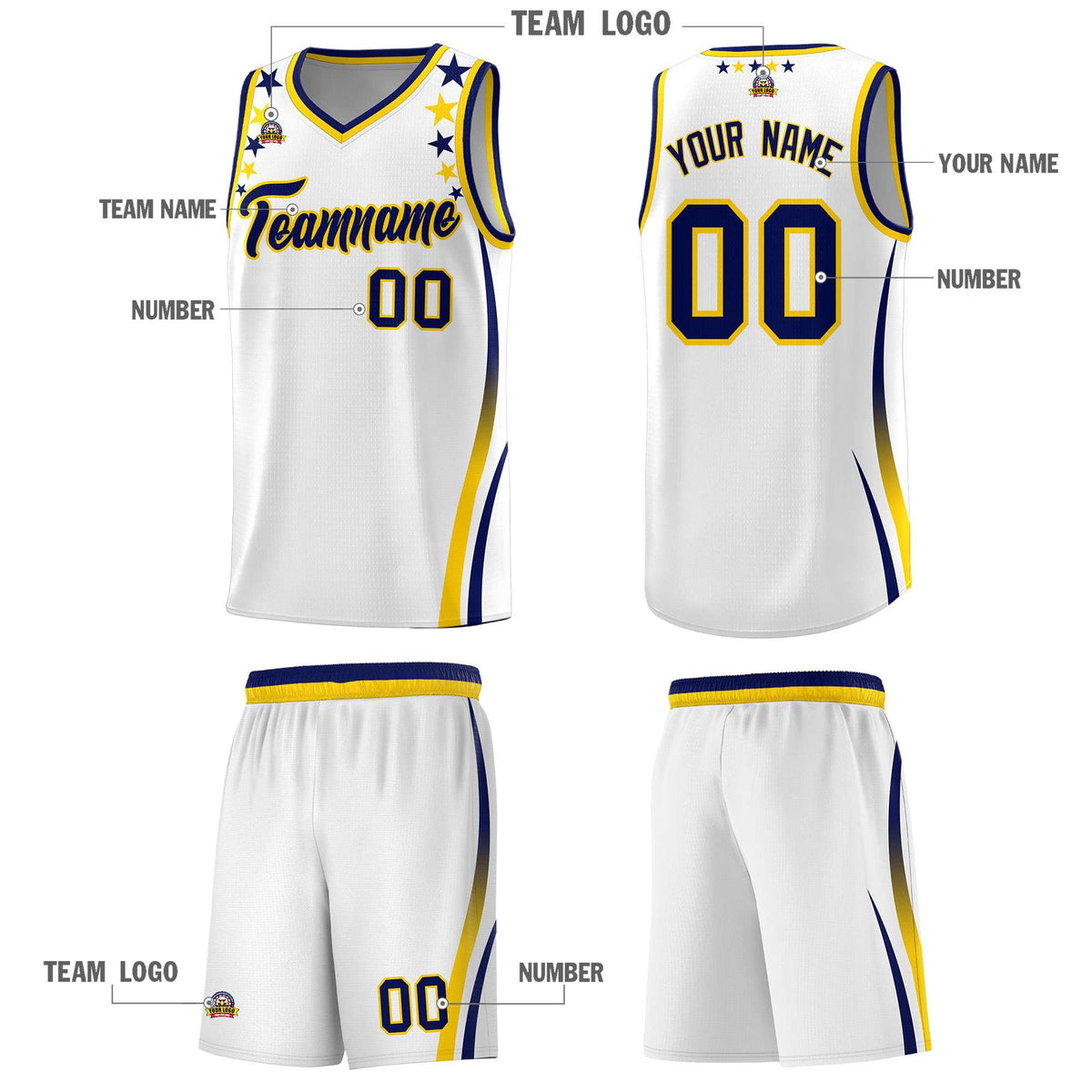 Custom White Shoulders Star Pattern Side Color Block Sports Uniform Basketball Jersey