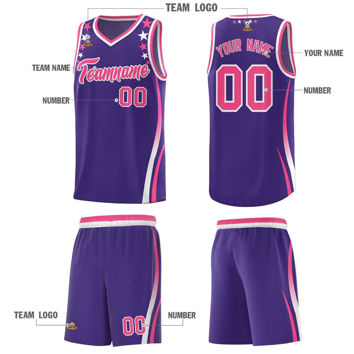 Custom Purple Shoulders Star Pattern Side Color Block Sports Uniform Basketball Jersey