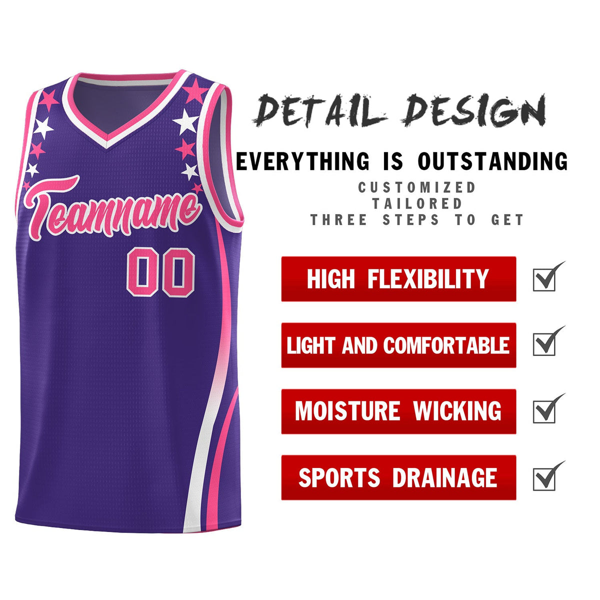 Custom Purple Shoulders Star Pattern Side Color Block Sports Uniform Basketball Jersey