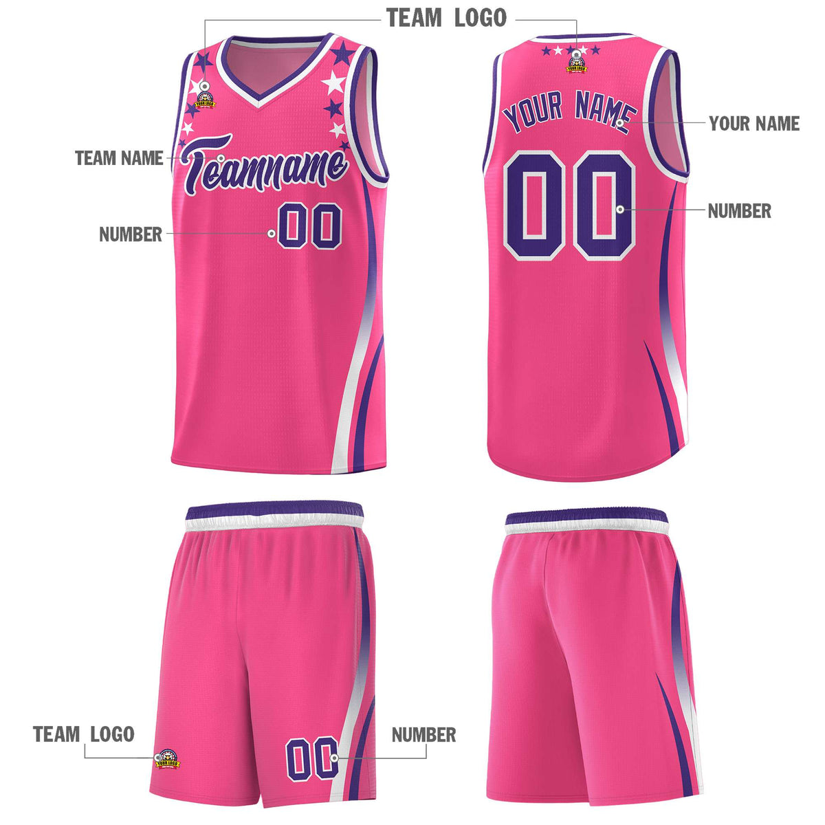 Custom Pink Shoulders Star Pattern Side Color Block Sports Uniform Basketball Jersey