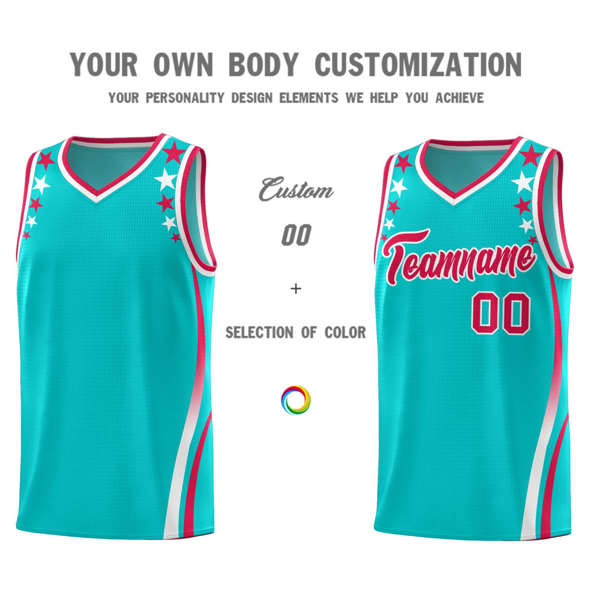 Custom Sky Blue Shoulders Star Pattern Side Color Block Sports Uniform Basketball Jersey