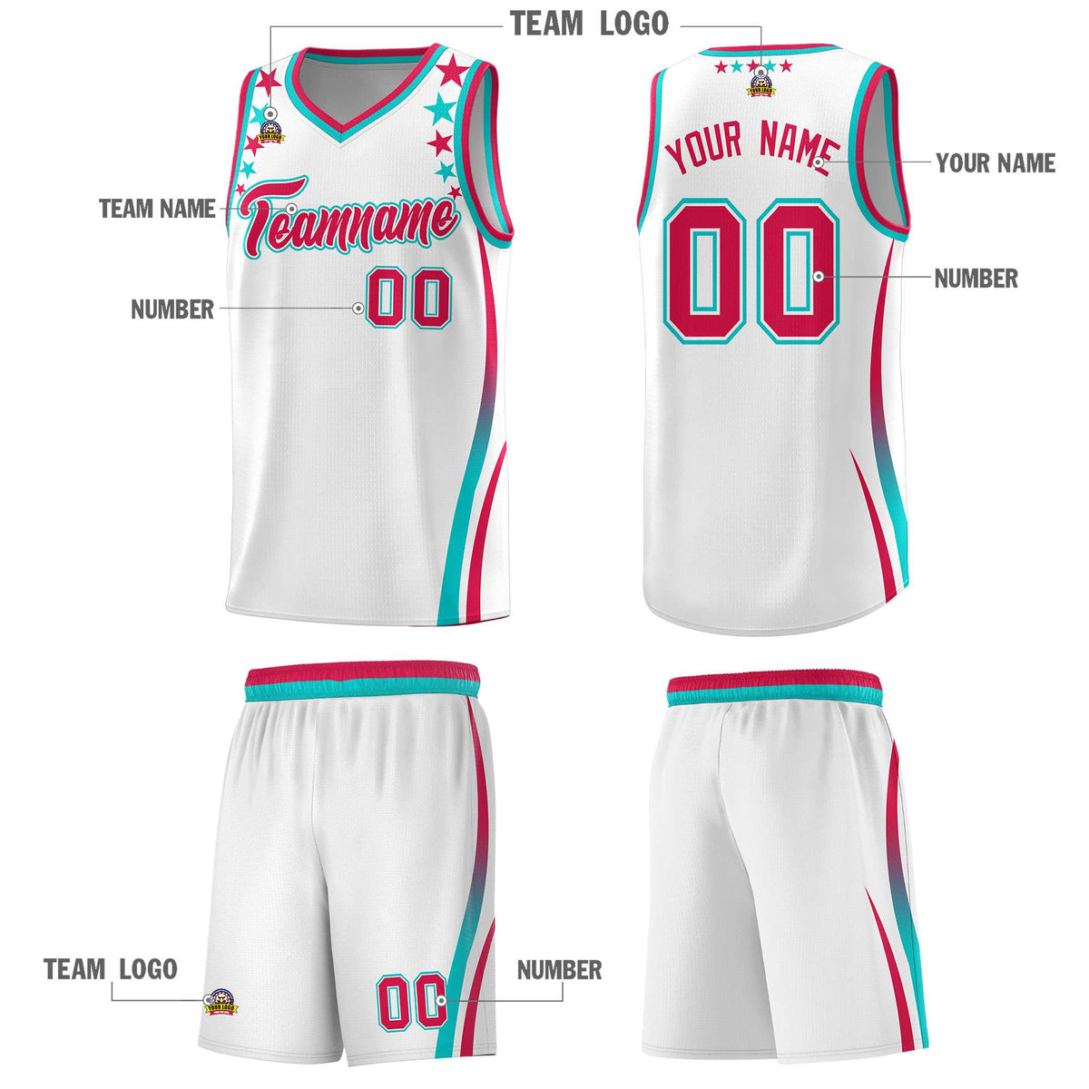 Custom White Shoulders Star Pattern Side Color Block Sports Uniform Basketball Jersey