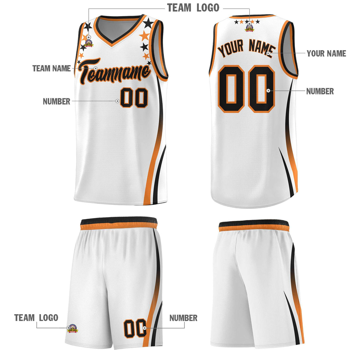 Custom White Shoulders Star Pattern Side Color Block Sports Uniform Basketball Jersey