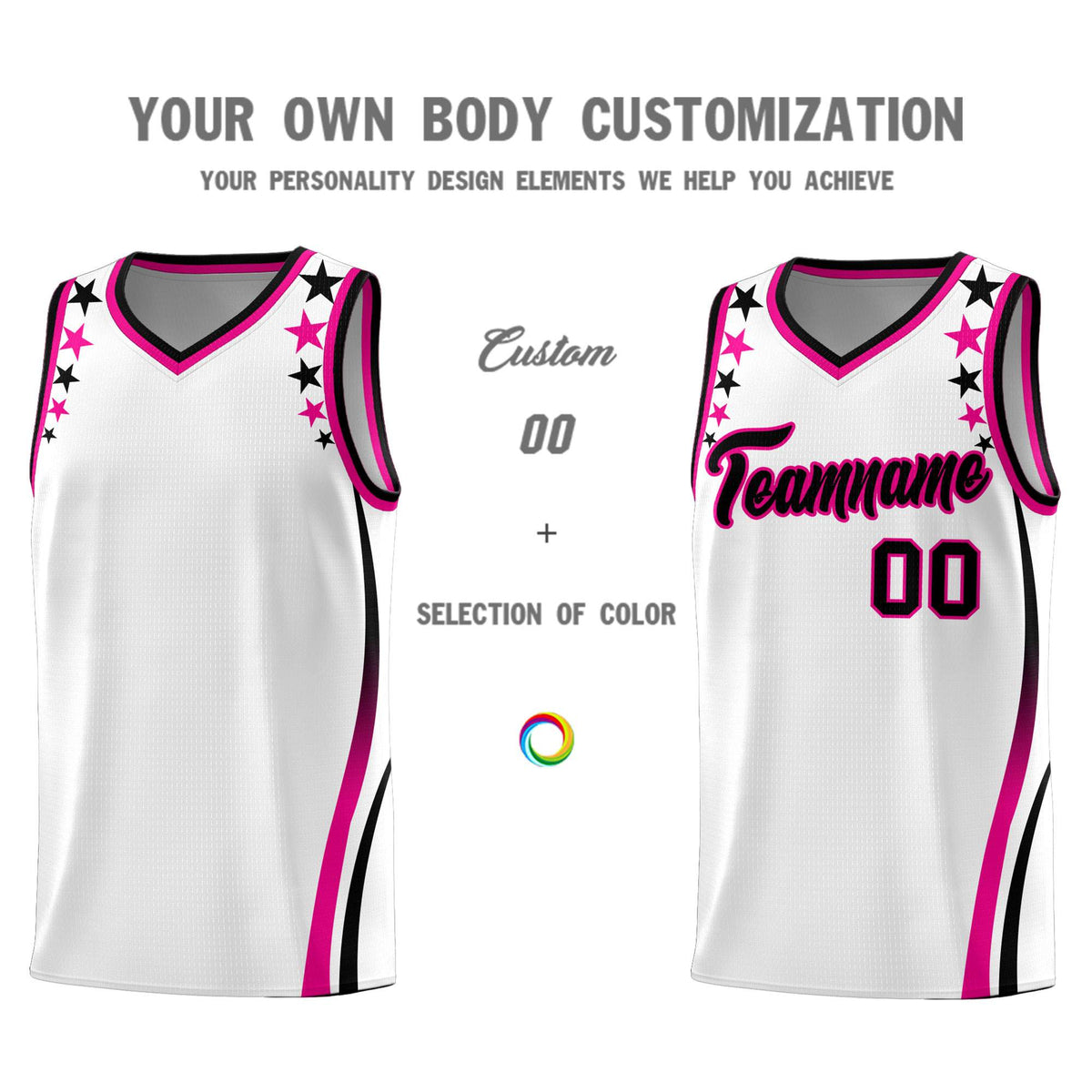 Custom White Shoulders Star Pattern Side Color Block Sports Uniform Basketball Jersey