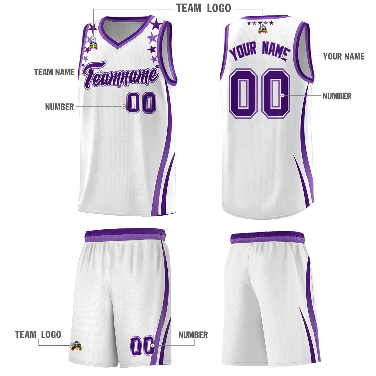 Custom White Shoulders Star Pattern Side Color Block Sports Uniform Basketball Jersey