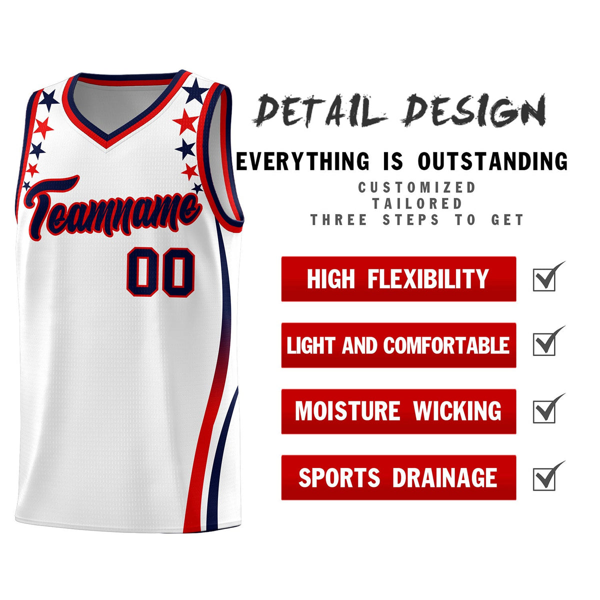 Custom White Shoulders Star Pattern Side Color Block Sports Uniform Basketball Jersey